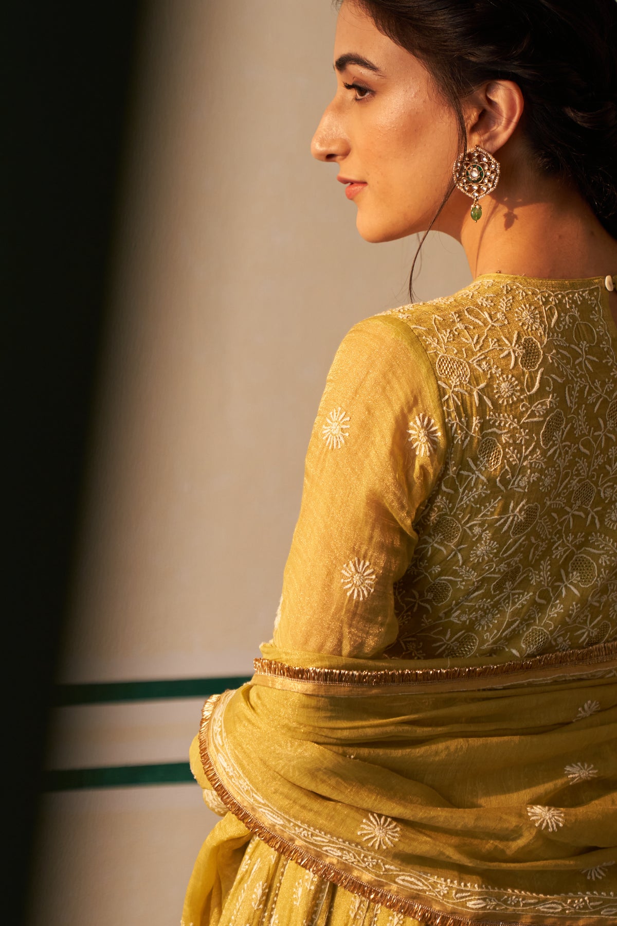 Lime Green Chanderi Chikankri Anarkali