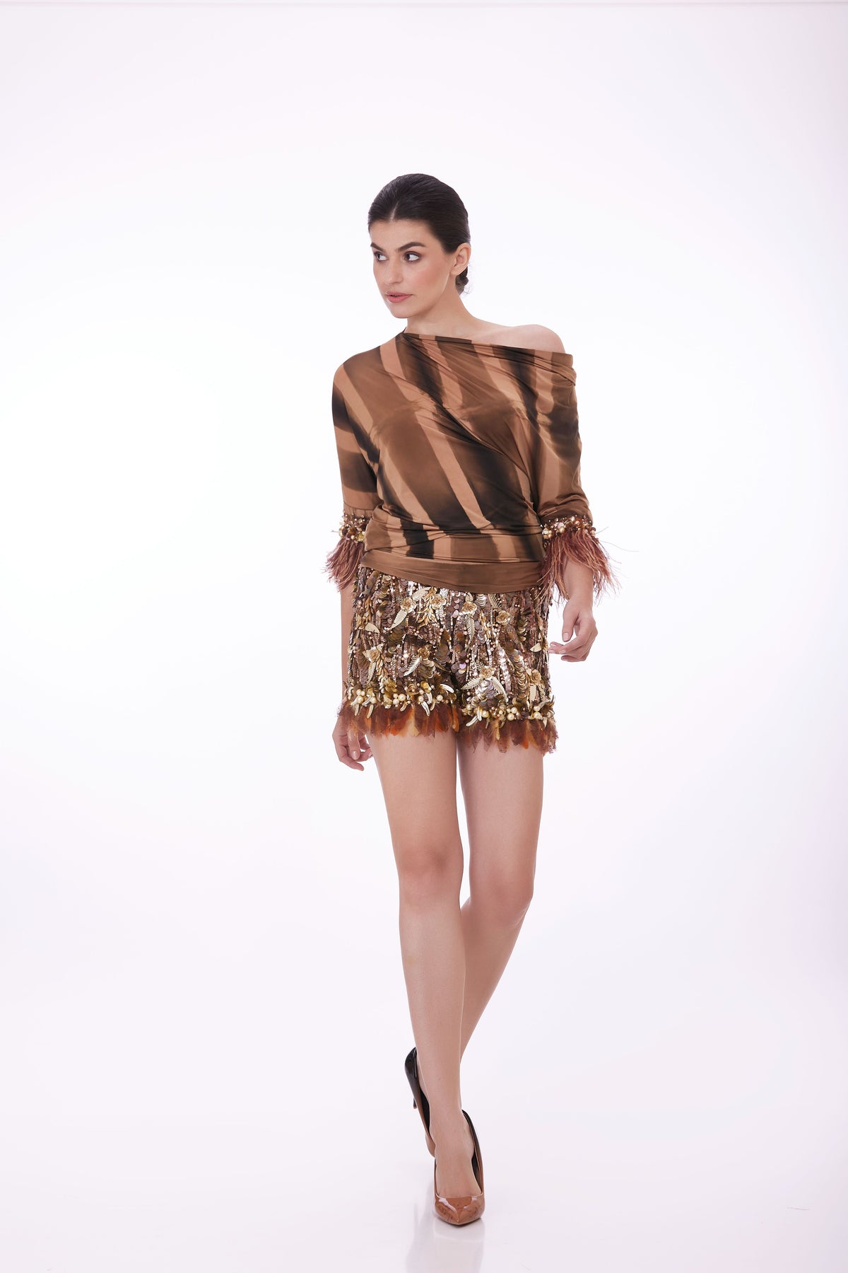 Brown Sequins Shorts