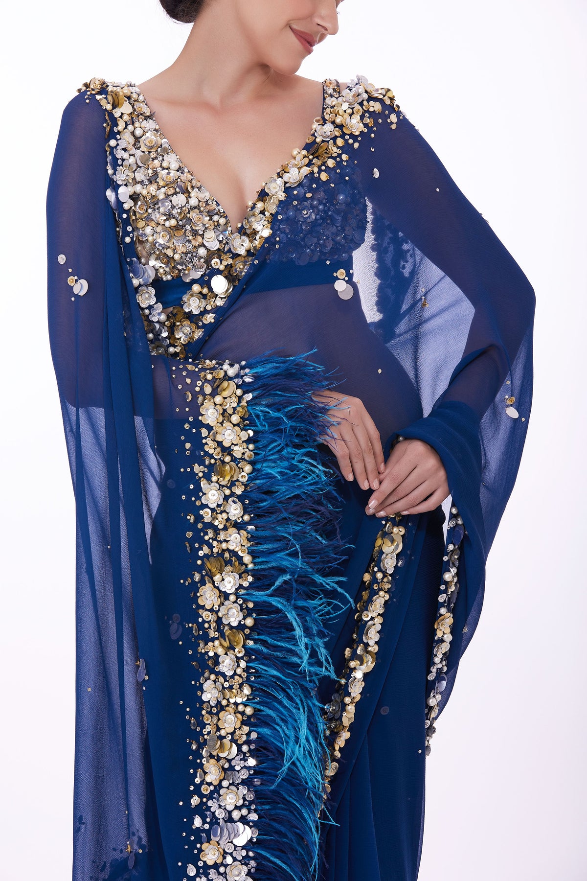 Blue Chiffon Saree With Petticoat