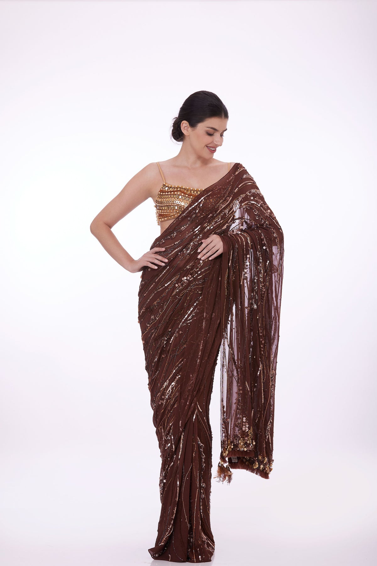 Brown Sequins Saree With Petticoat