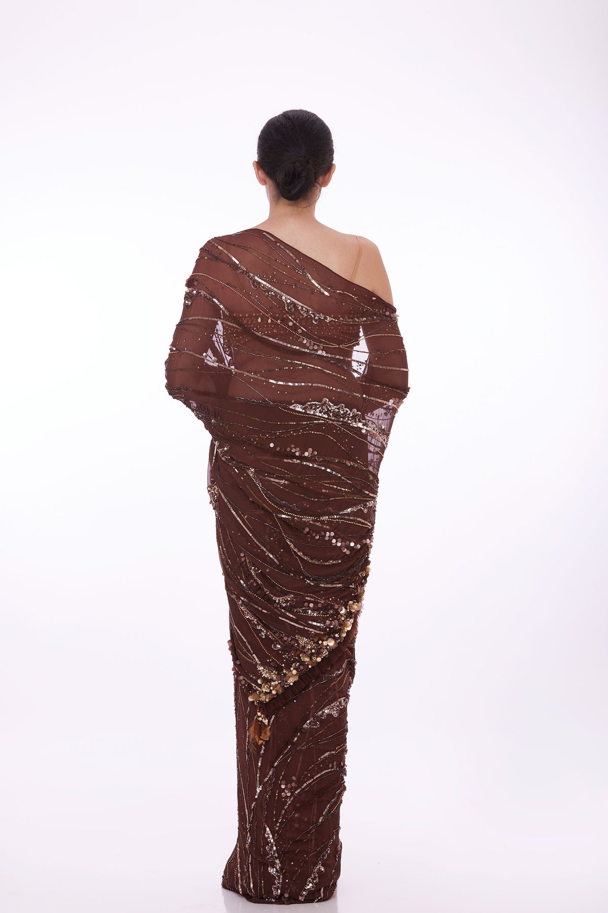 Brown Sequins Saree With Petticoat