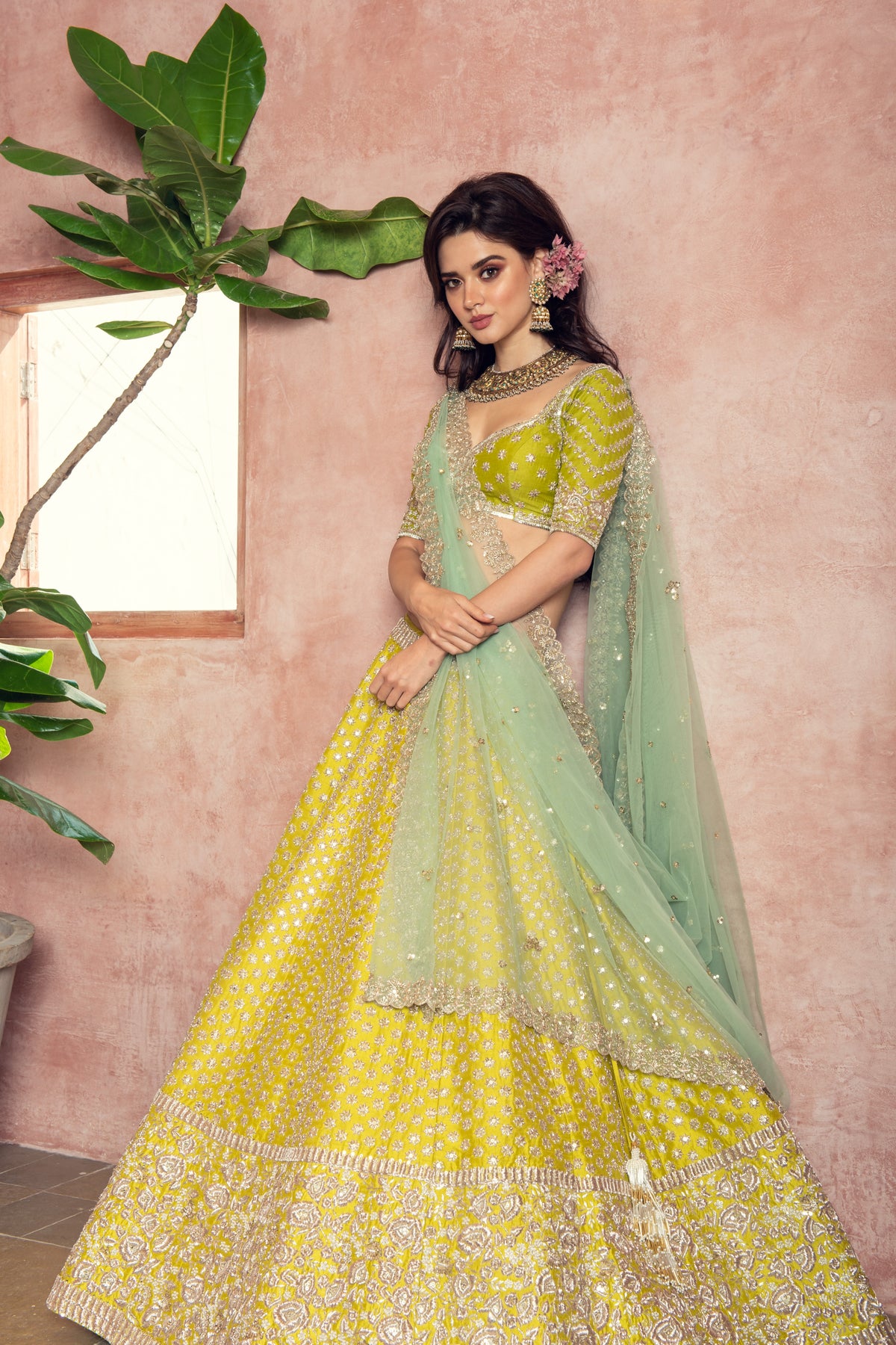 Yellow raw silk lehenga set