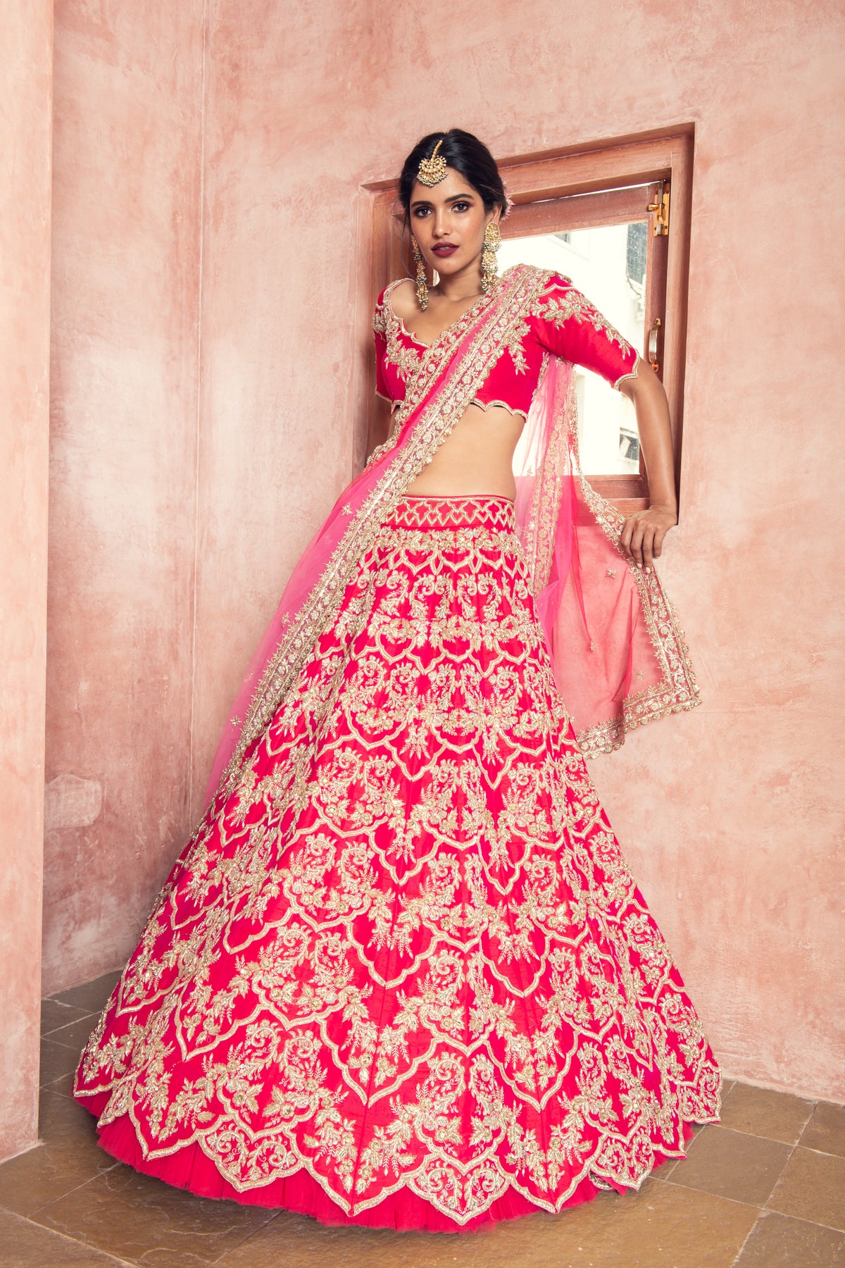 Cherry red raw silk lehenga set