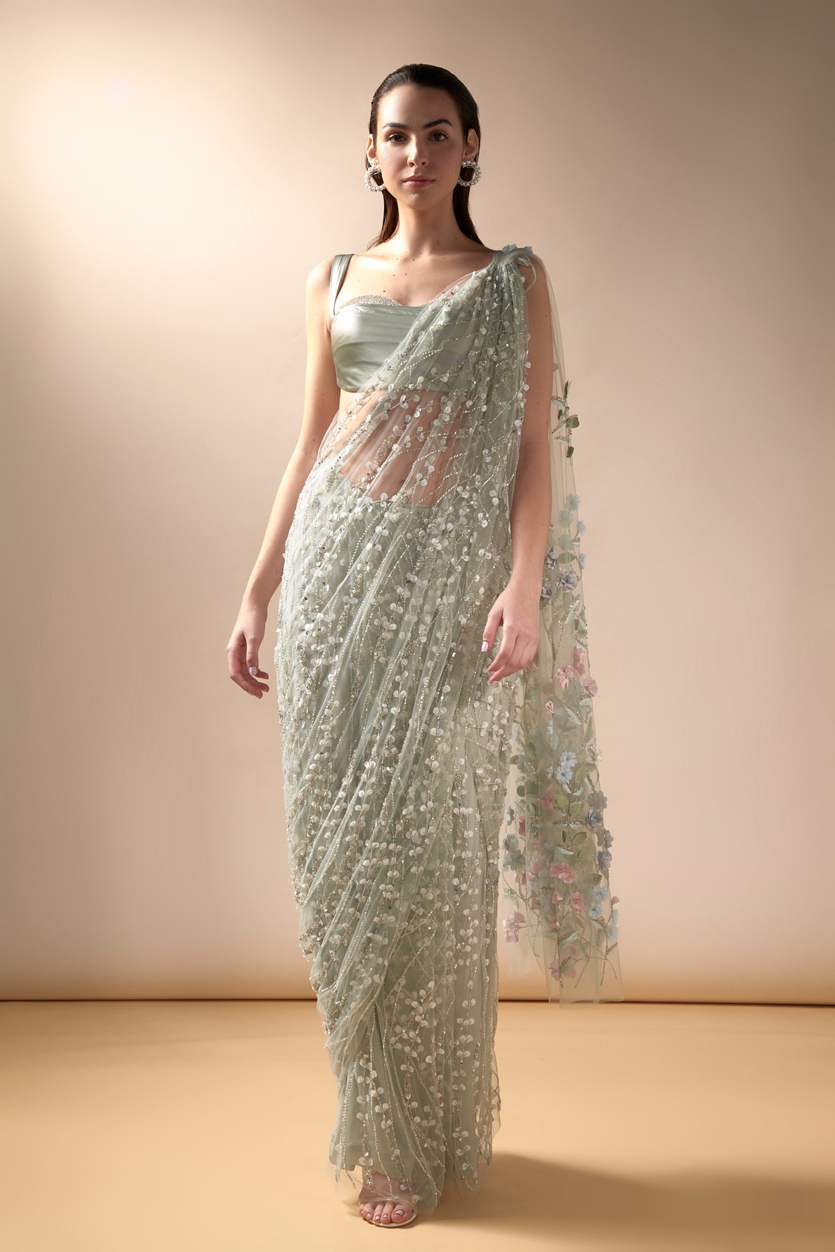 Sea Spray Saree Set in Mint