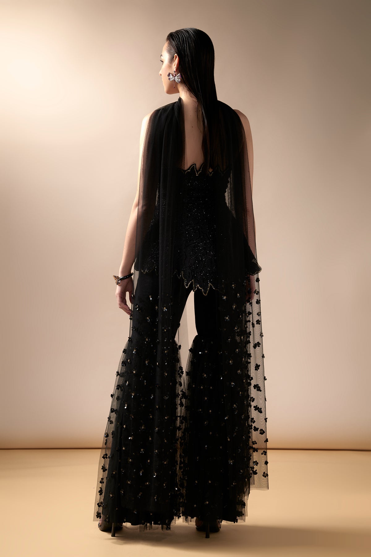 Black Embroidered Peplum and Sharara Set