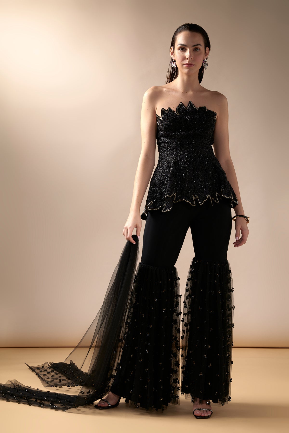 Black Embroidered Peplum and Sharara Set