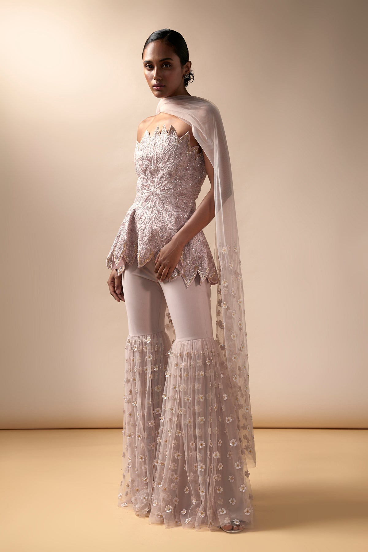 Pink Embroidered Peplum and Sharara Set