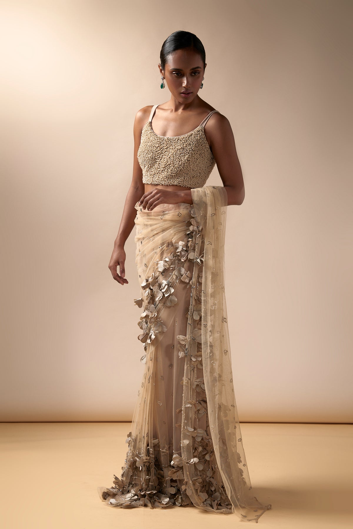 Nude Full Bloom Tulle Saree Set