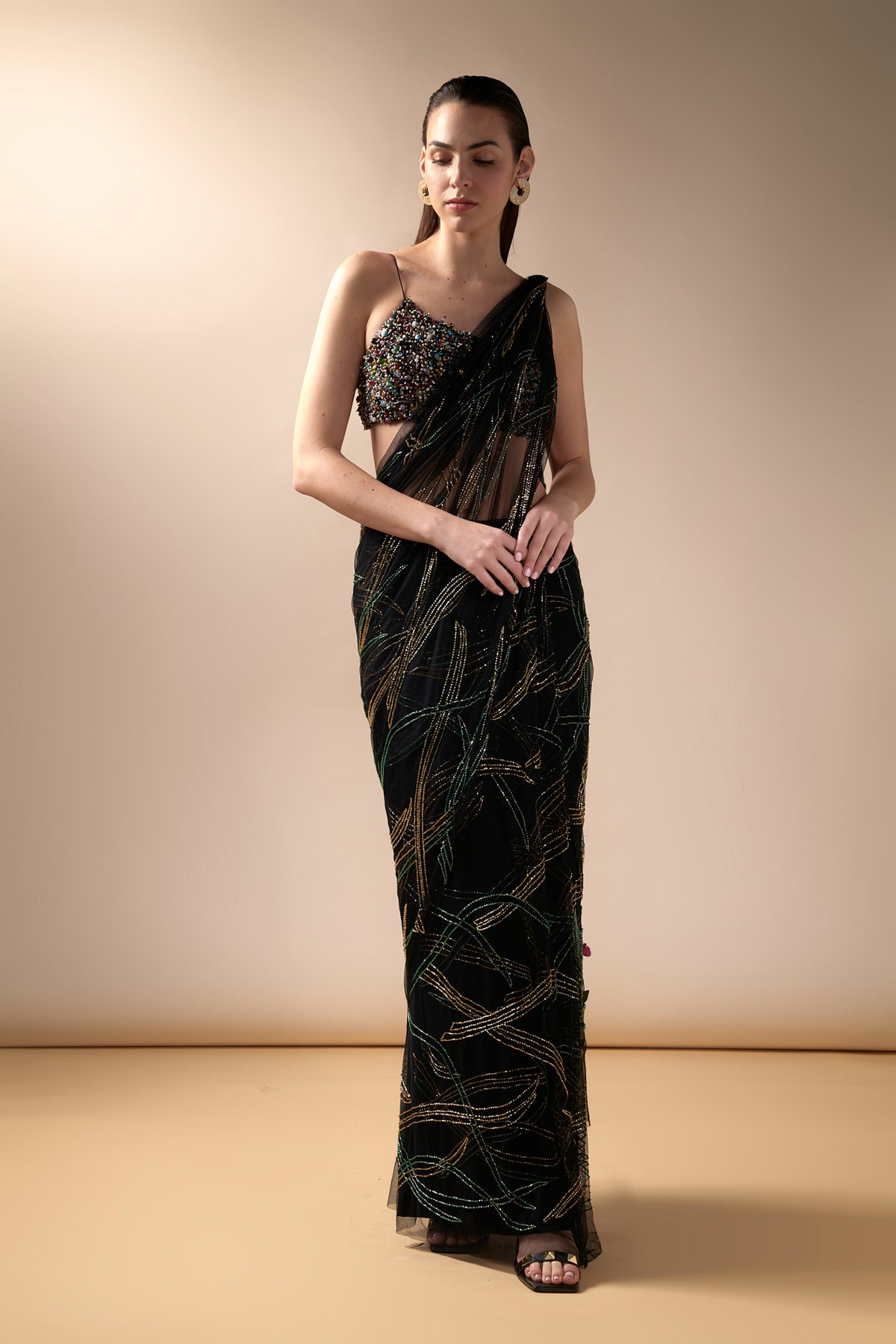 Black Wave Saree Set