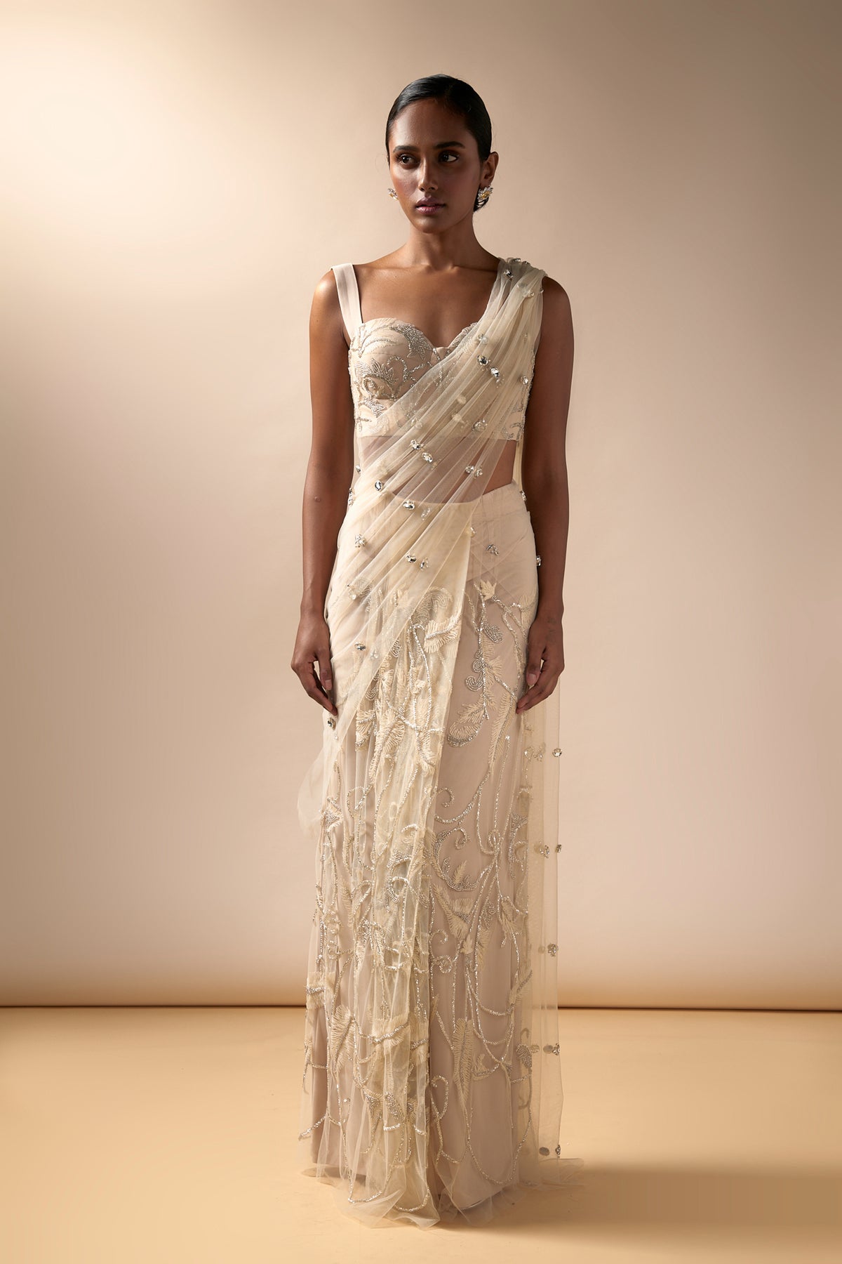 Champagne Tulle Saree Set