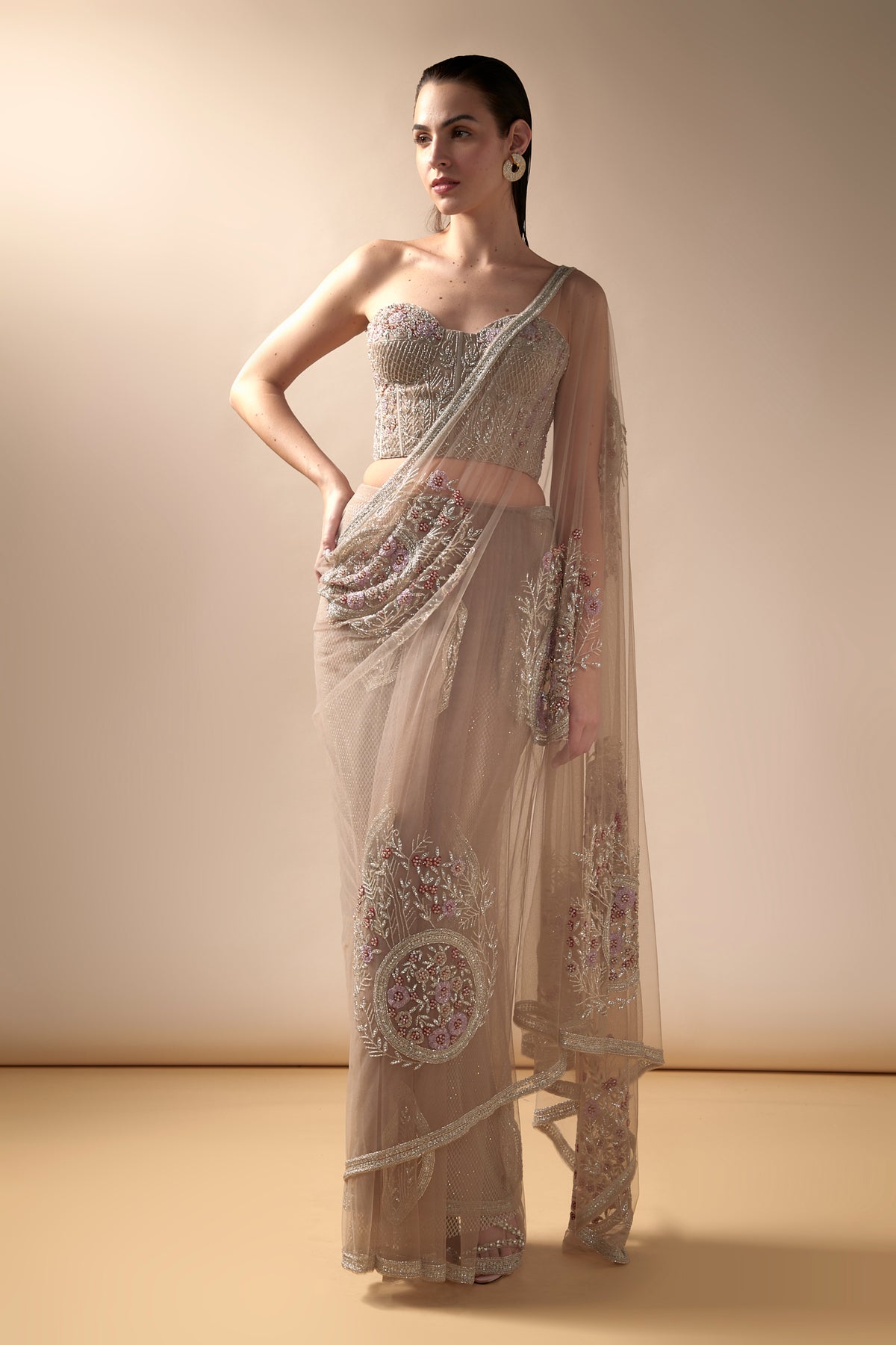 Tulle Embroidered Saree Set in Nude