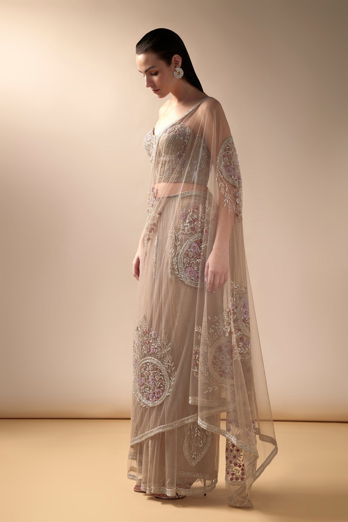 Tulle Embroidered Saree Set in Nude