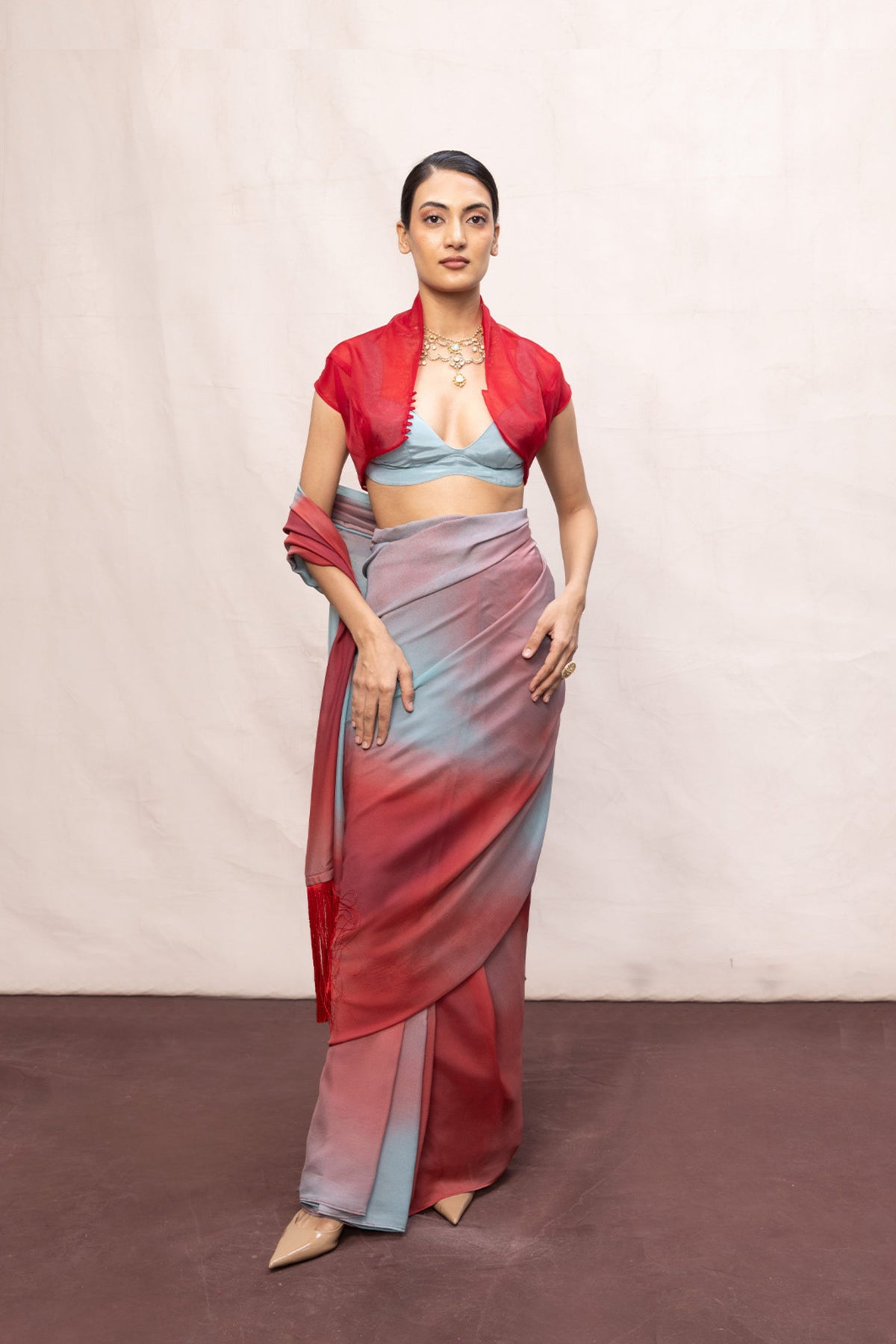 Coral Red & Blue Ombre Saree