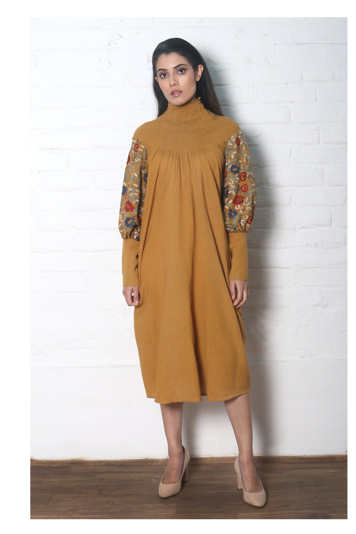 Mustard smocked kurta