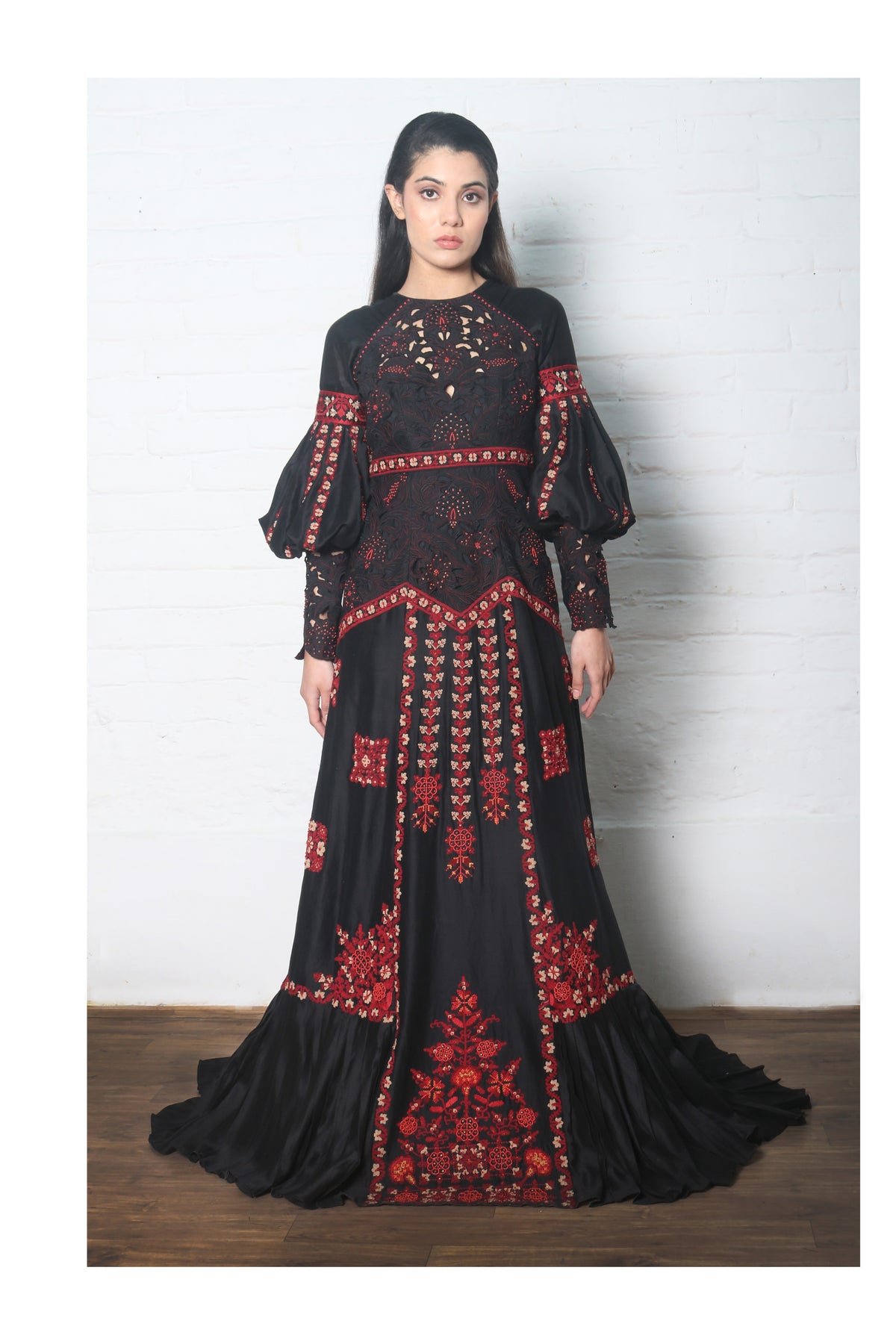 Black chanderi cutwork gown