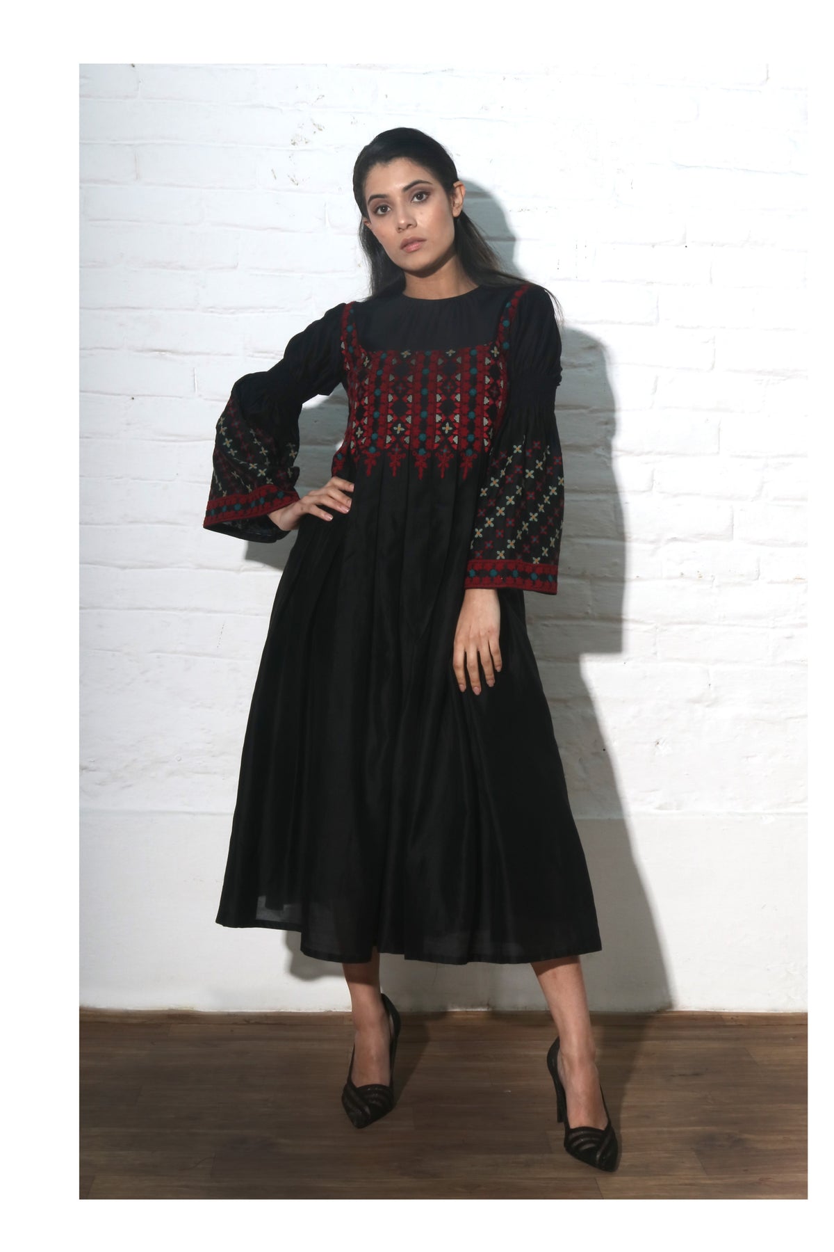 Black chanderi pleated dress