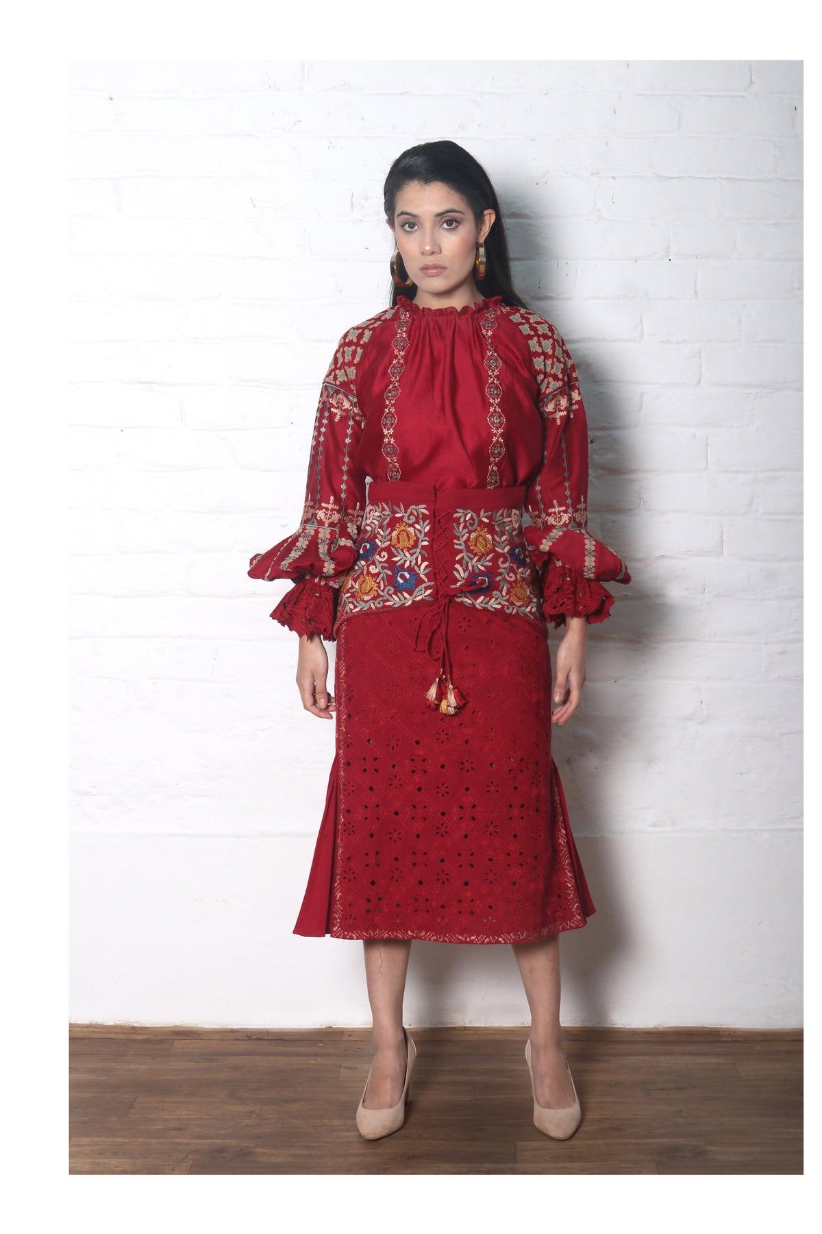Red kala cotton cutwork skirt