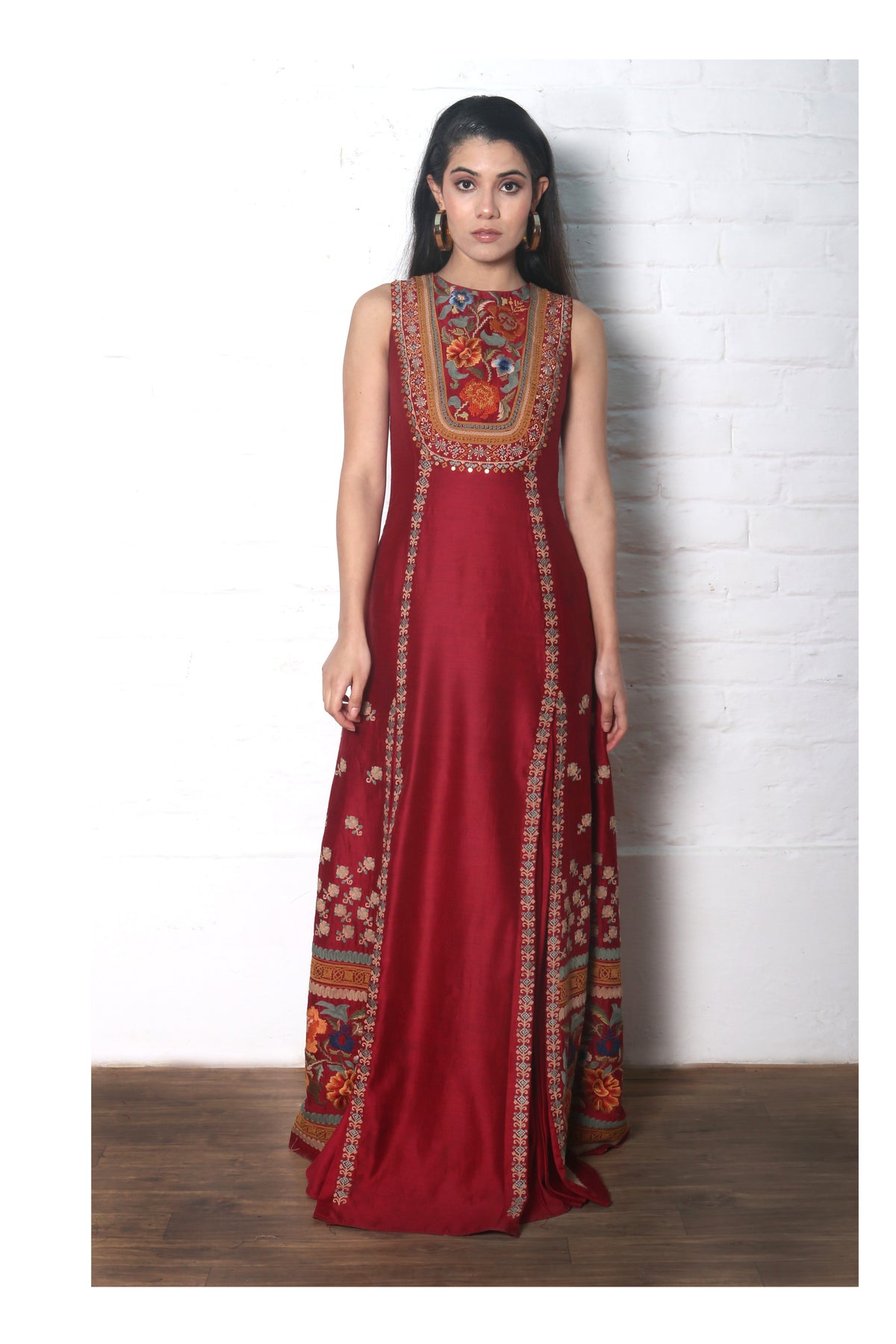 Red chanderi maxi dress