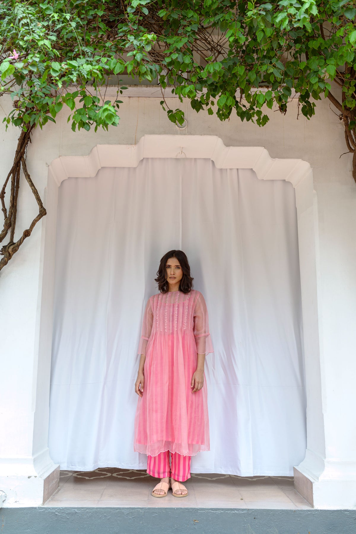 Box Pleated Hand Embroidered Silk Organza Dress