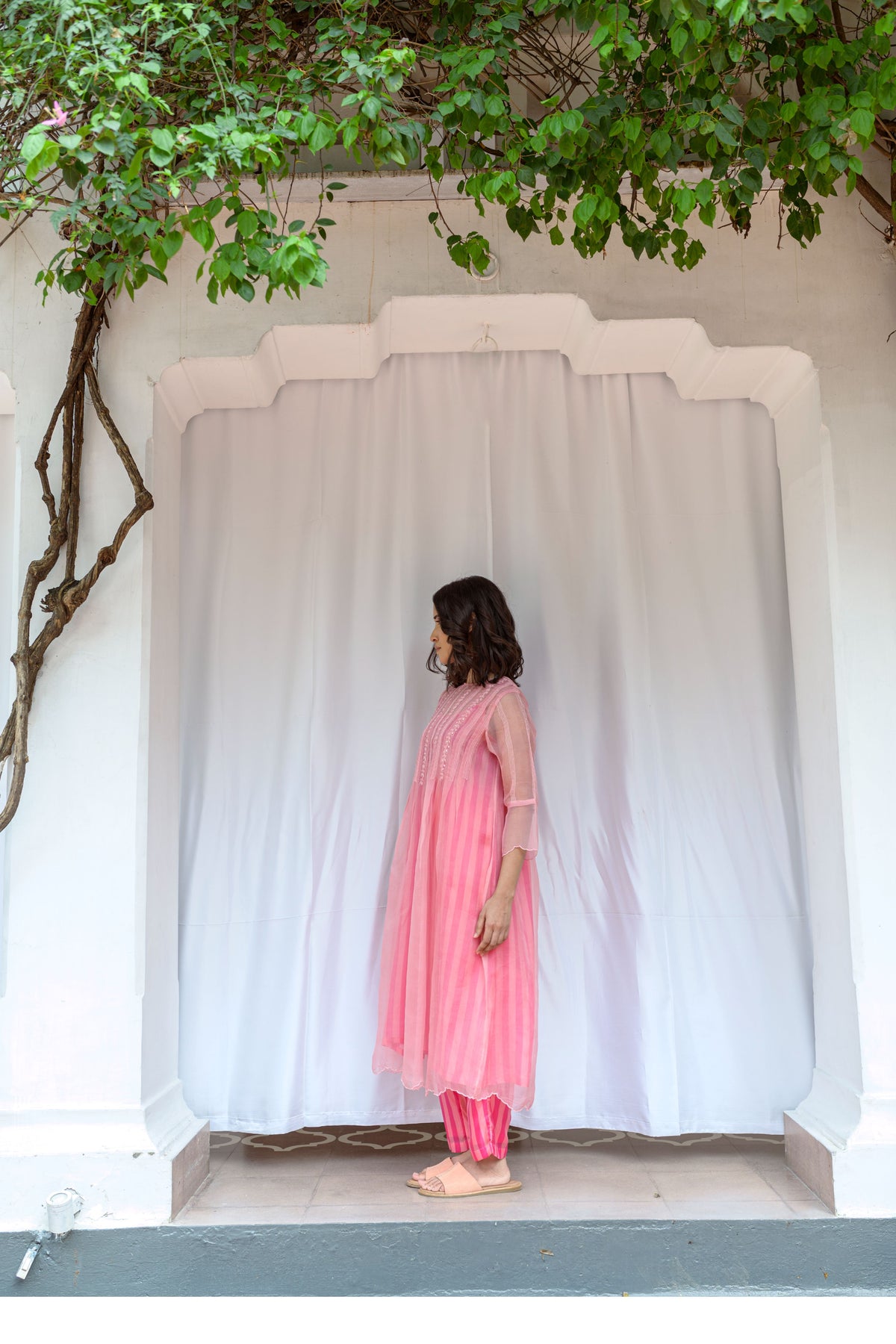 Box Pleated Hand Embroidered Silk Organza Dress