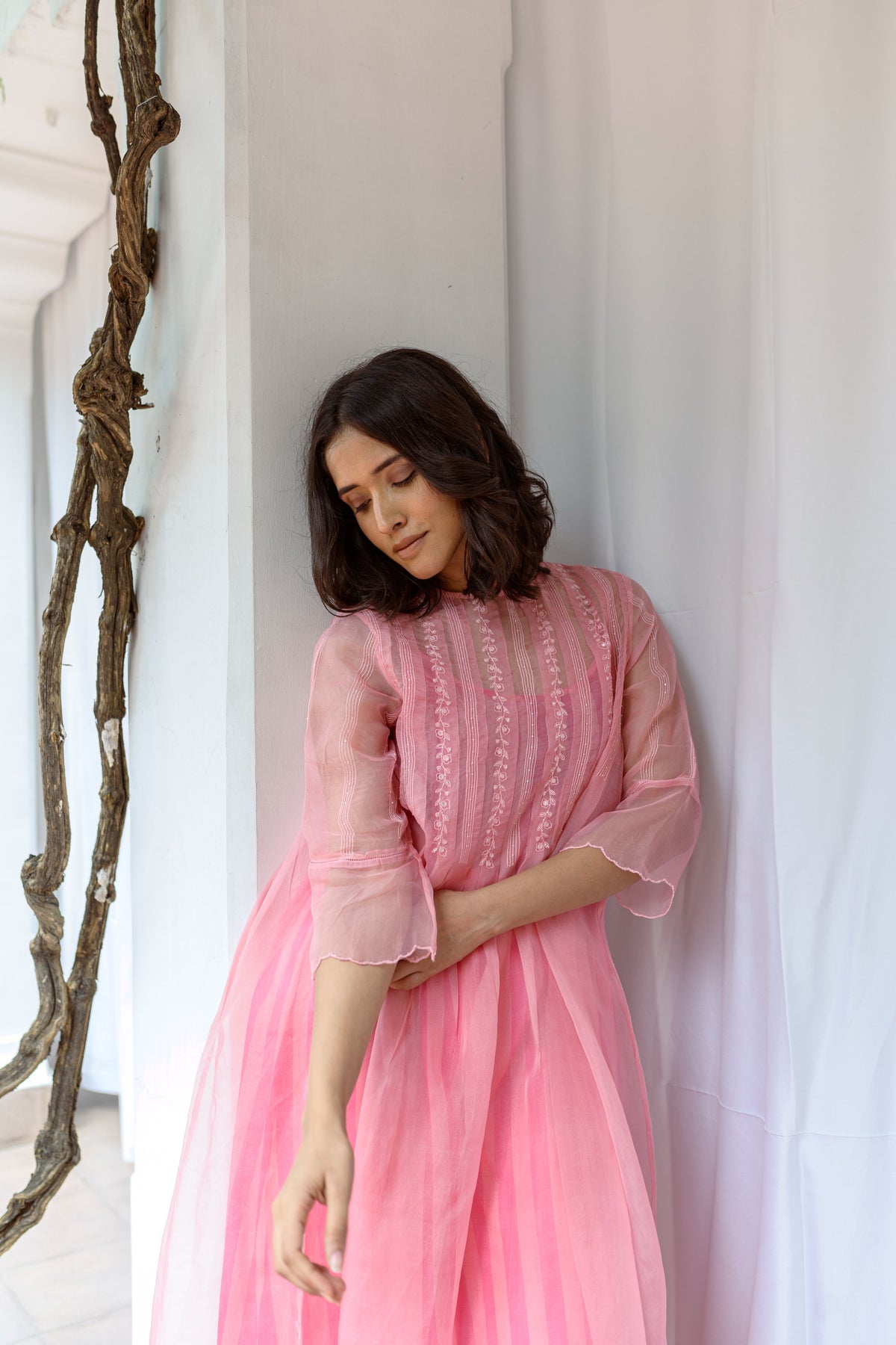Box Pleated Hand Embroidered Silk Organza Dress