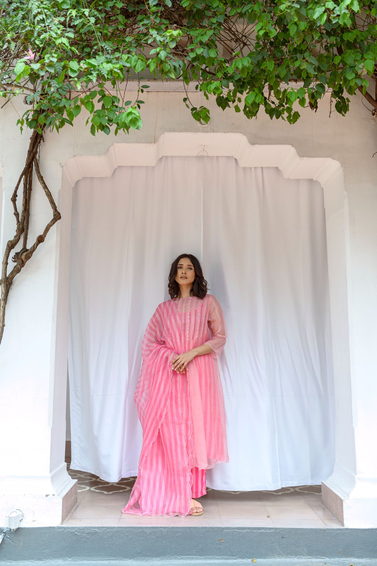 Box Pleated Hand Embroidered Silk Organza Dress