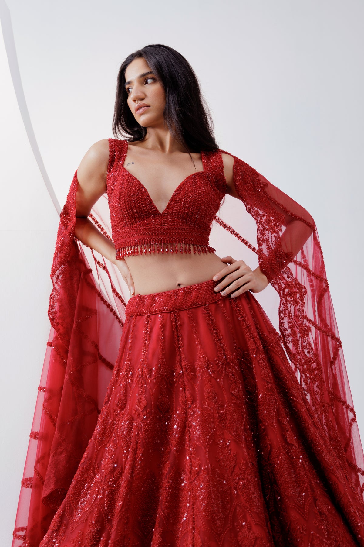 Red Embroidered Lehenga Set