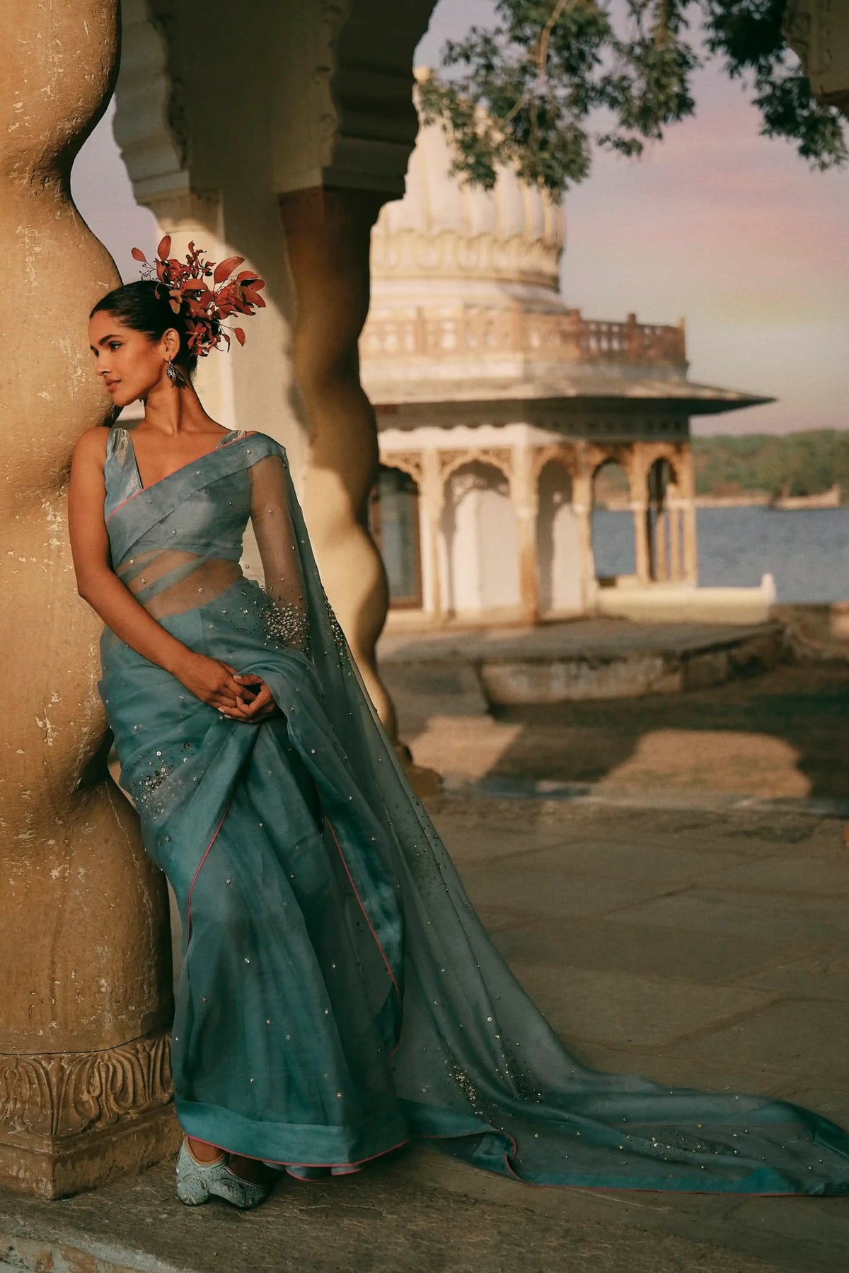 Gul Ice Blue Sequin Flower Sari