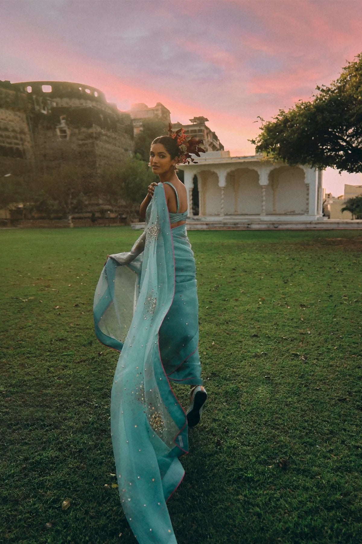 Gul Ice Blue Sequin Flower Sari