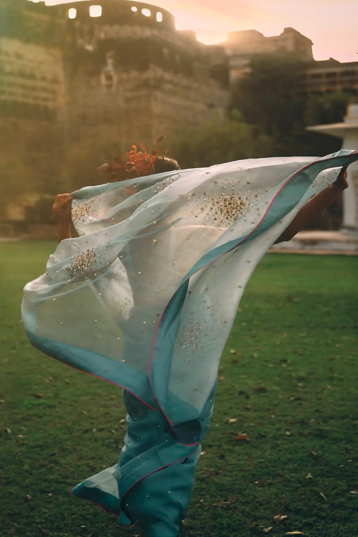 Gul Ice Blue Sequin Flower Sari