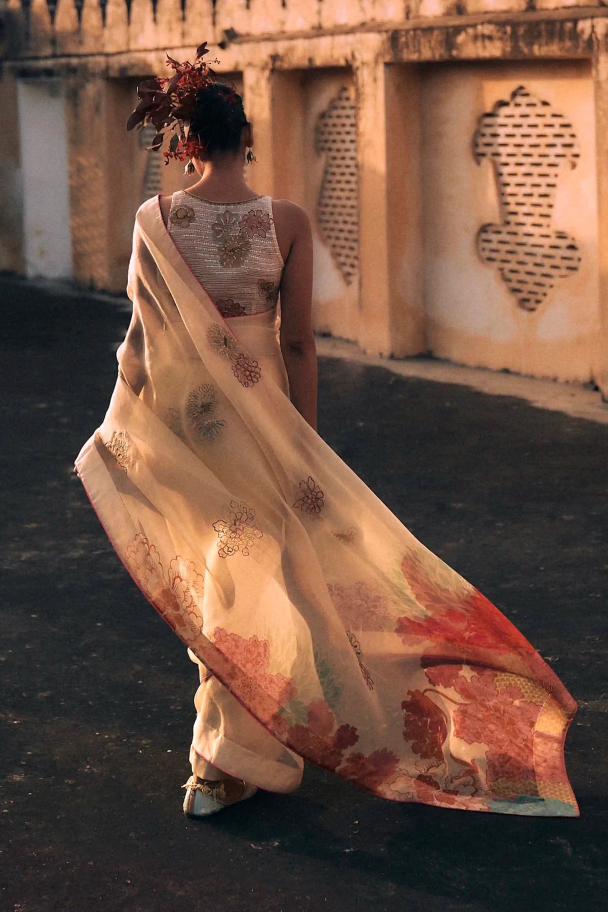 Gul Ivory Floral Organza Sari