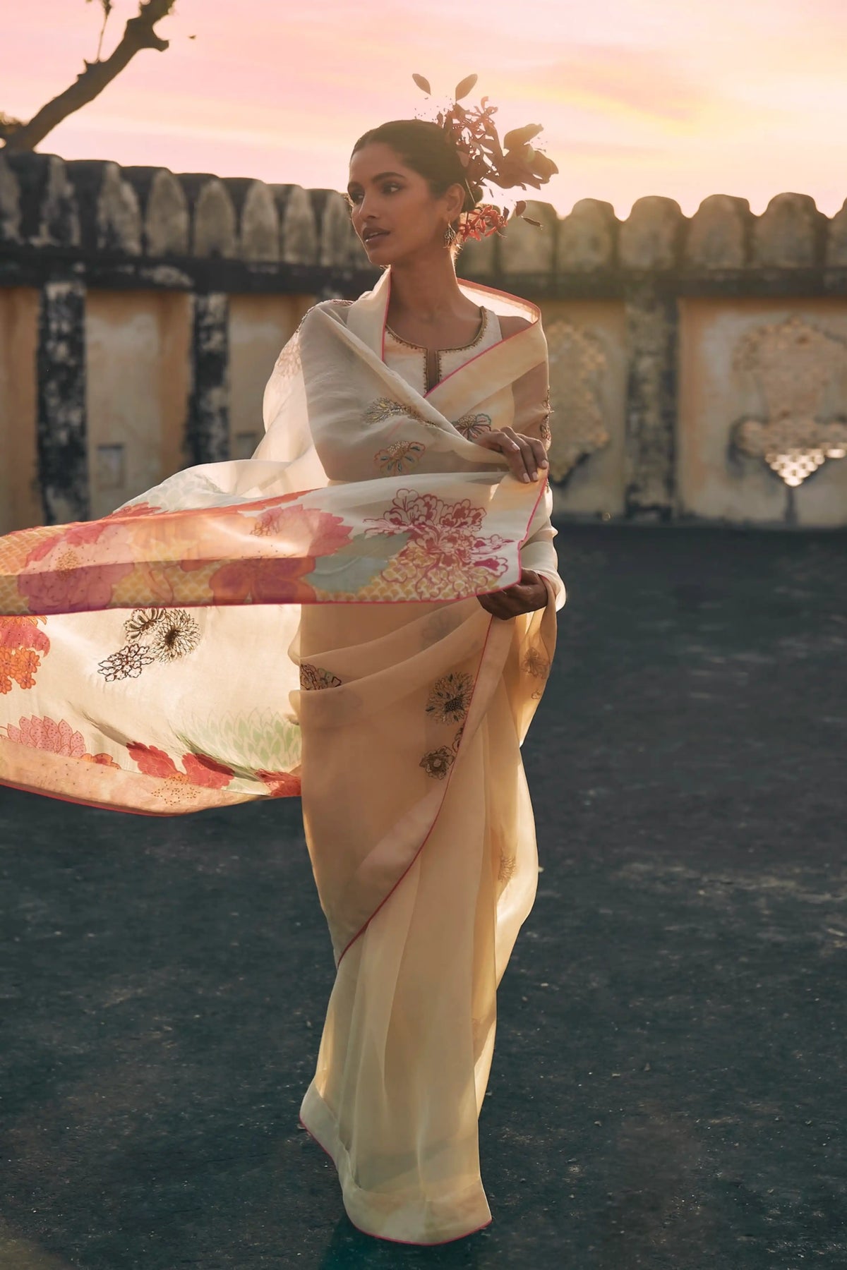 Gul Ivory Floral Organza Sari