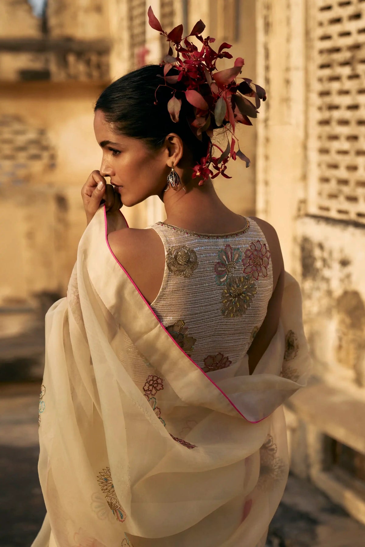 Gul Ivory Floral Organza Sari