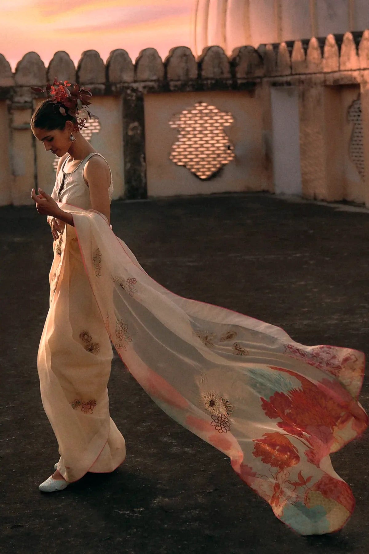 Gul Ivory Floral Organza Sari