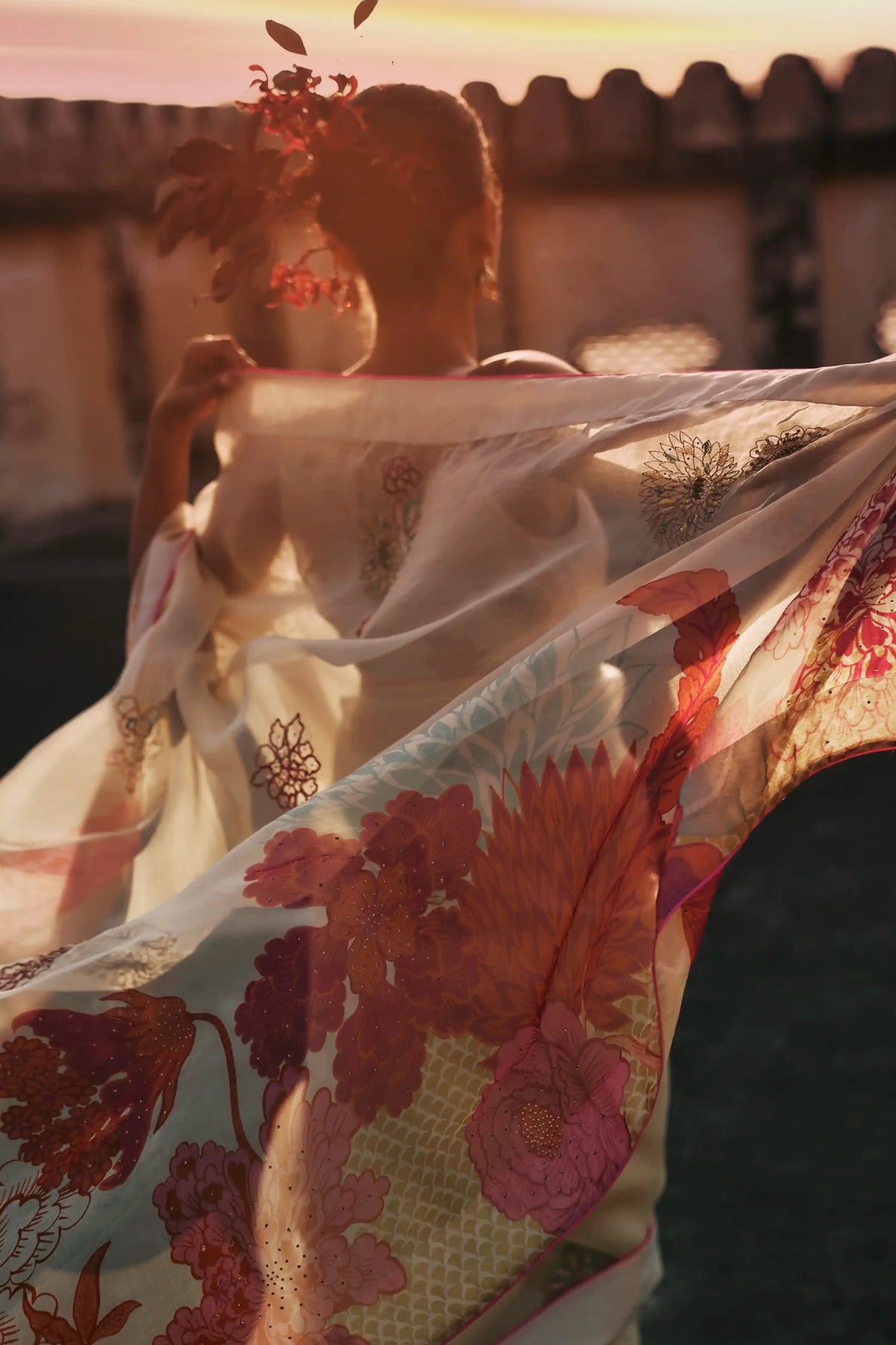 Gul Ivory Floral Organza Sari