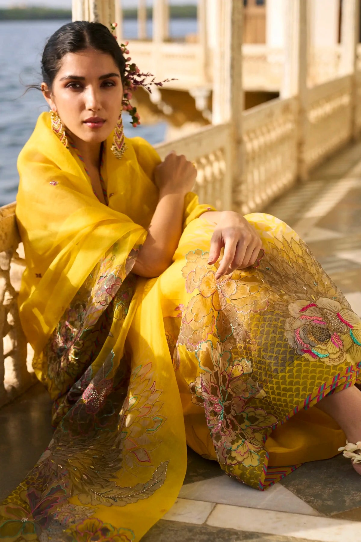 Gul Yellow Floral Organza Sari