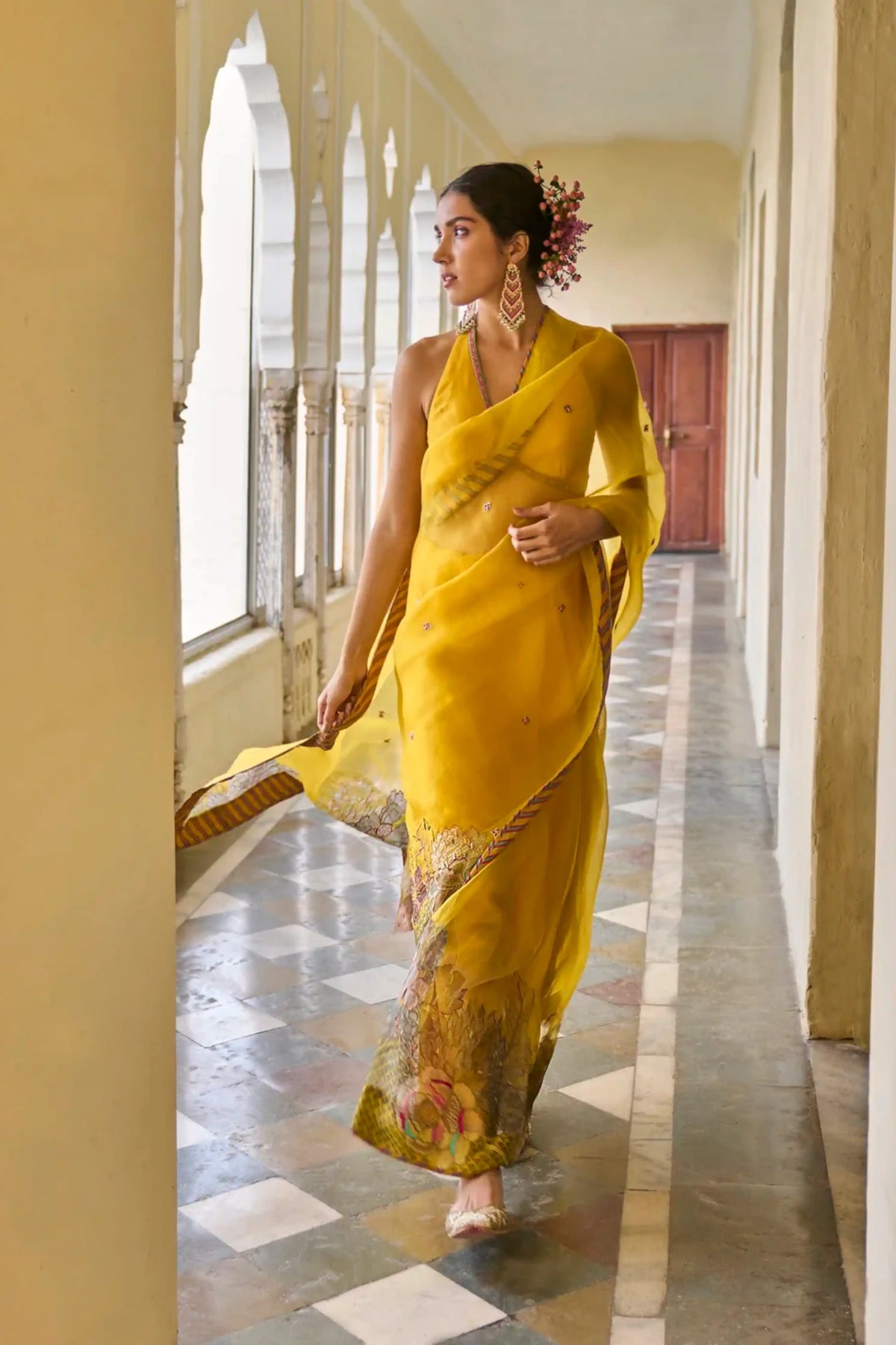 Gul Yellow Floral Organza Sari
