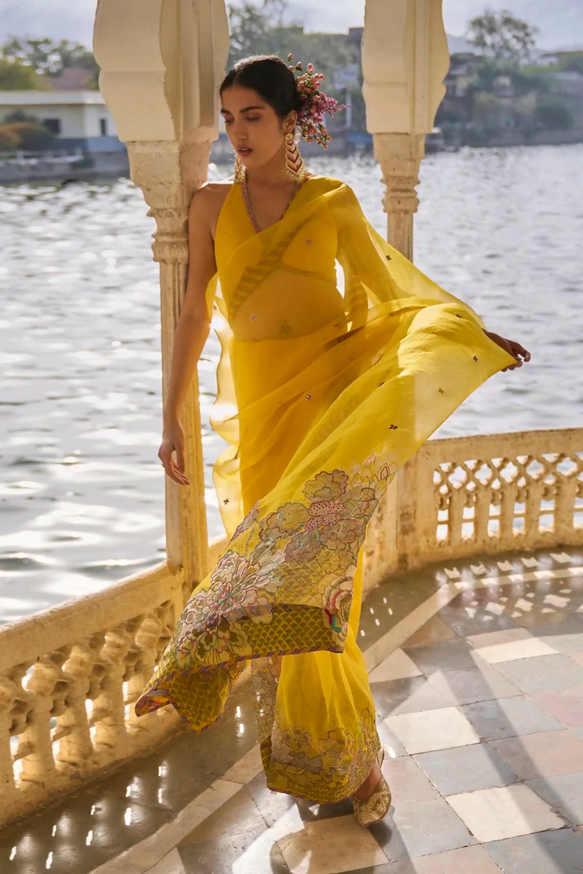 Gul Yellow Floral Organza Sari