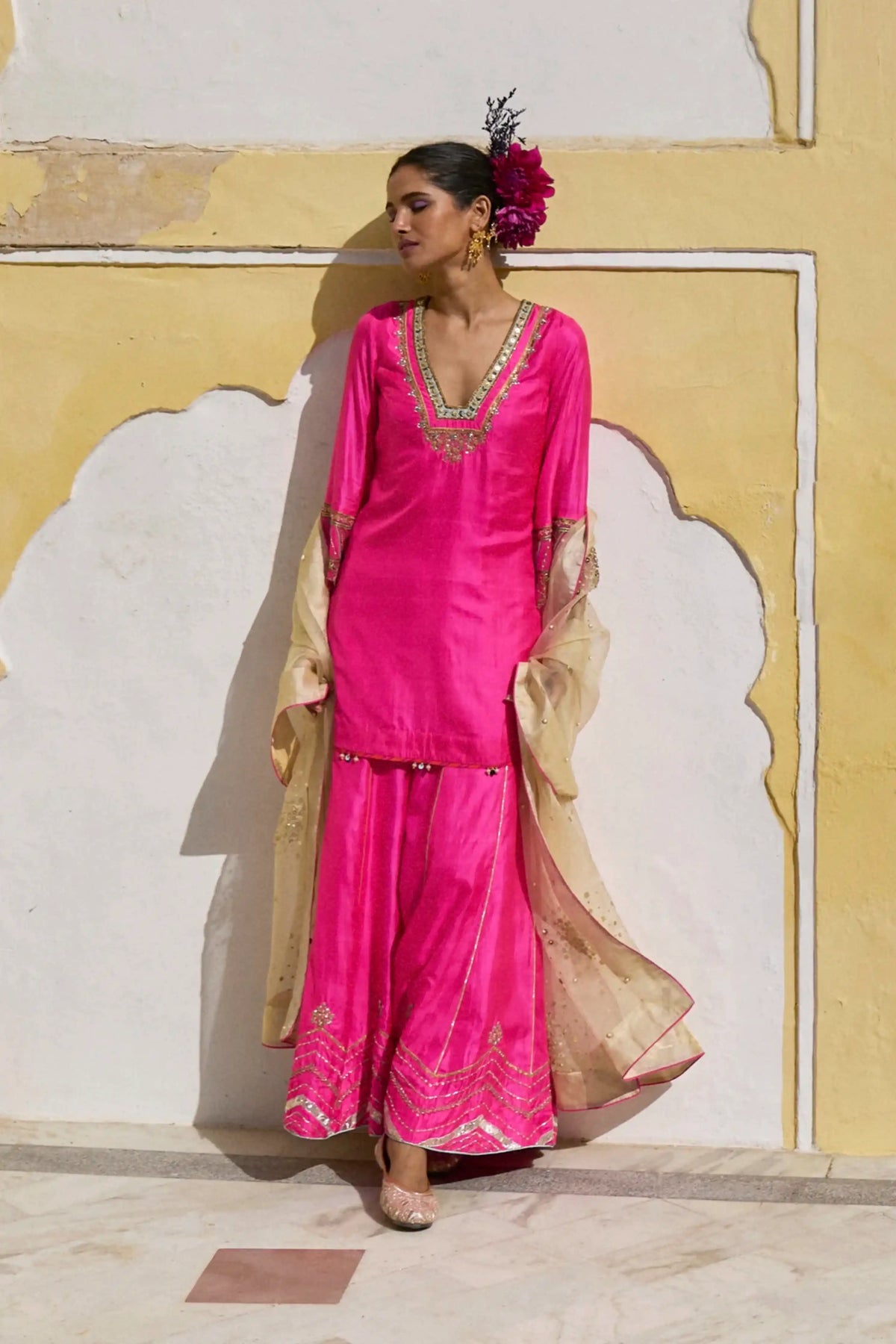 Gul Hot Pink Silk Sharara Set