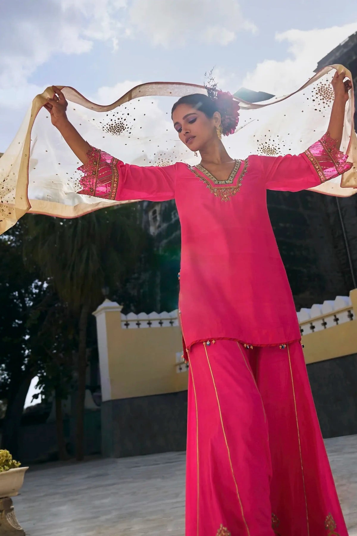 Gul Hot Pink Silk Sharara Set
