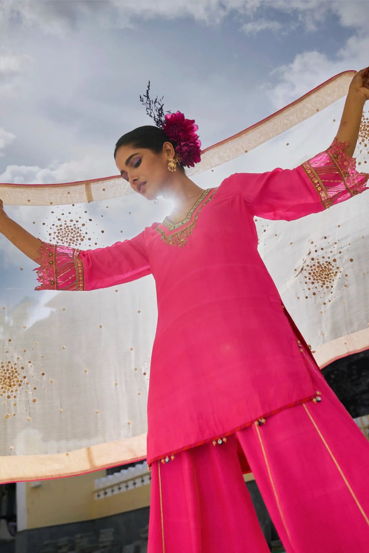 Gul Hot Pink Silk Sharara Set