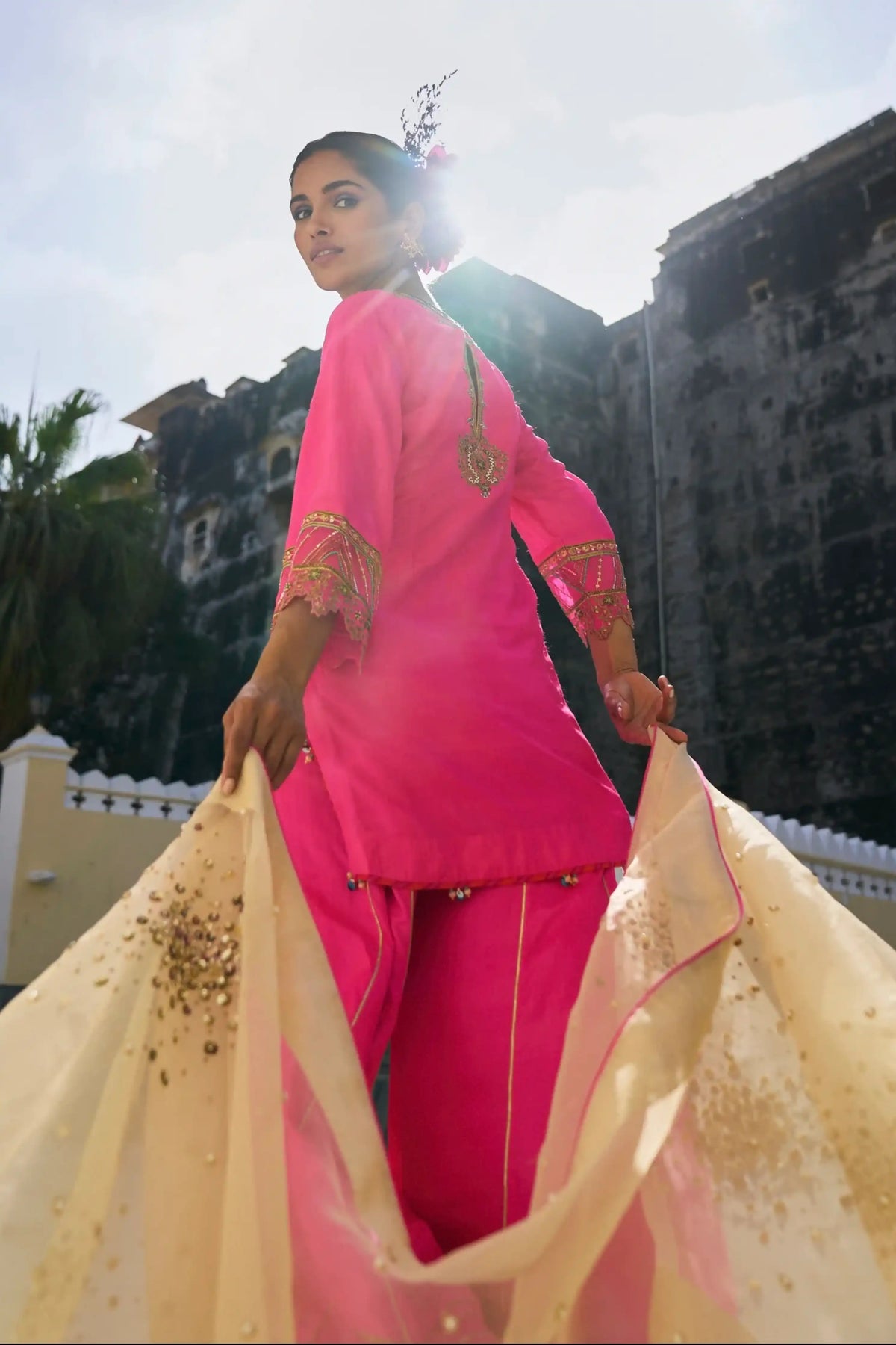 Gul Hot Pink Silk Sharara Set