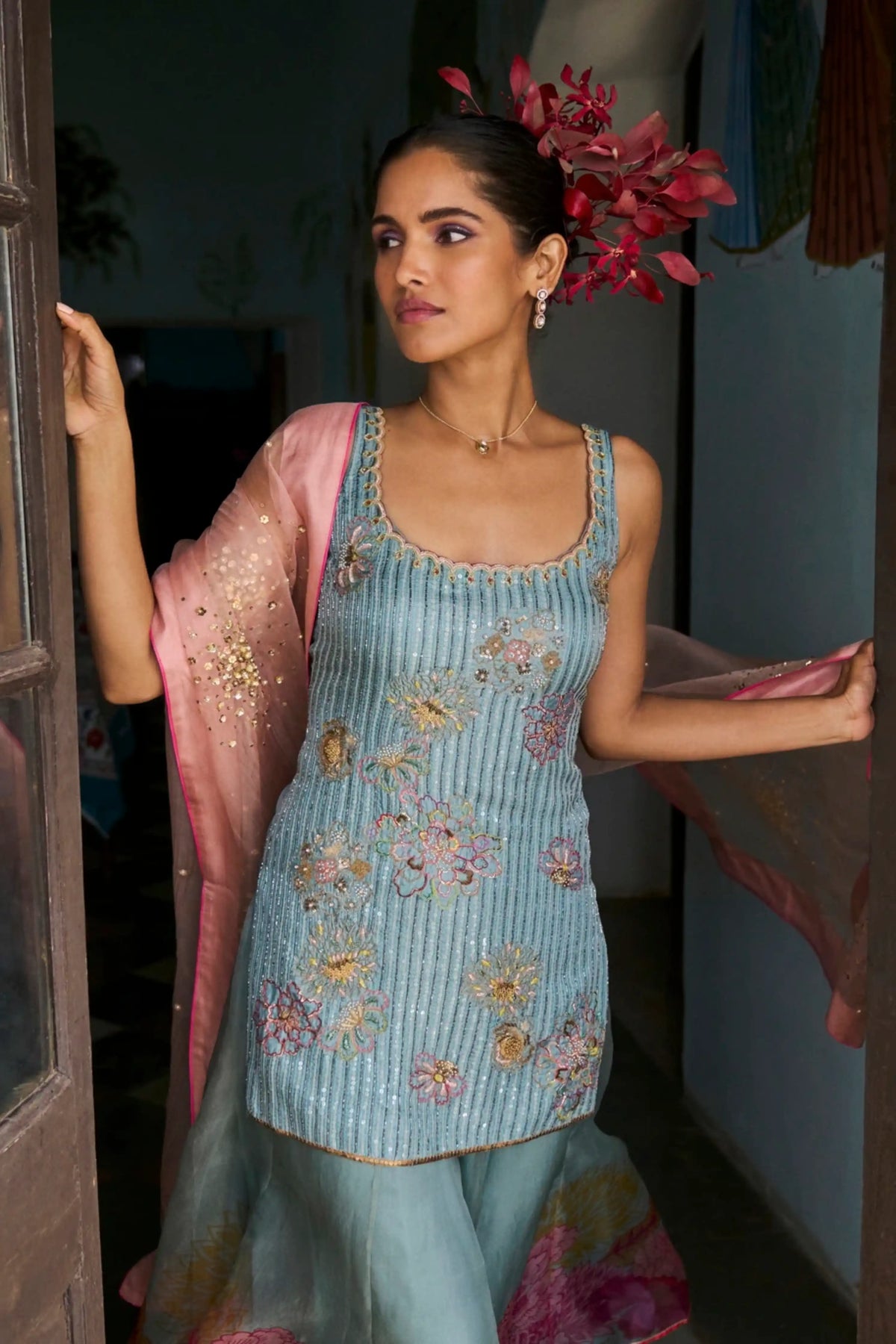 Gul Ice Blue Sequin Kurta Sharara Set