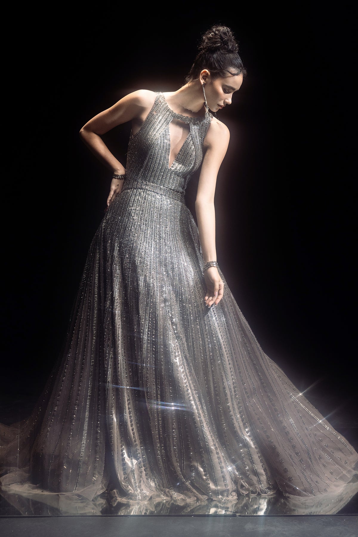 Fully Embellished crytsals And Metallic Stripes Gown