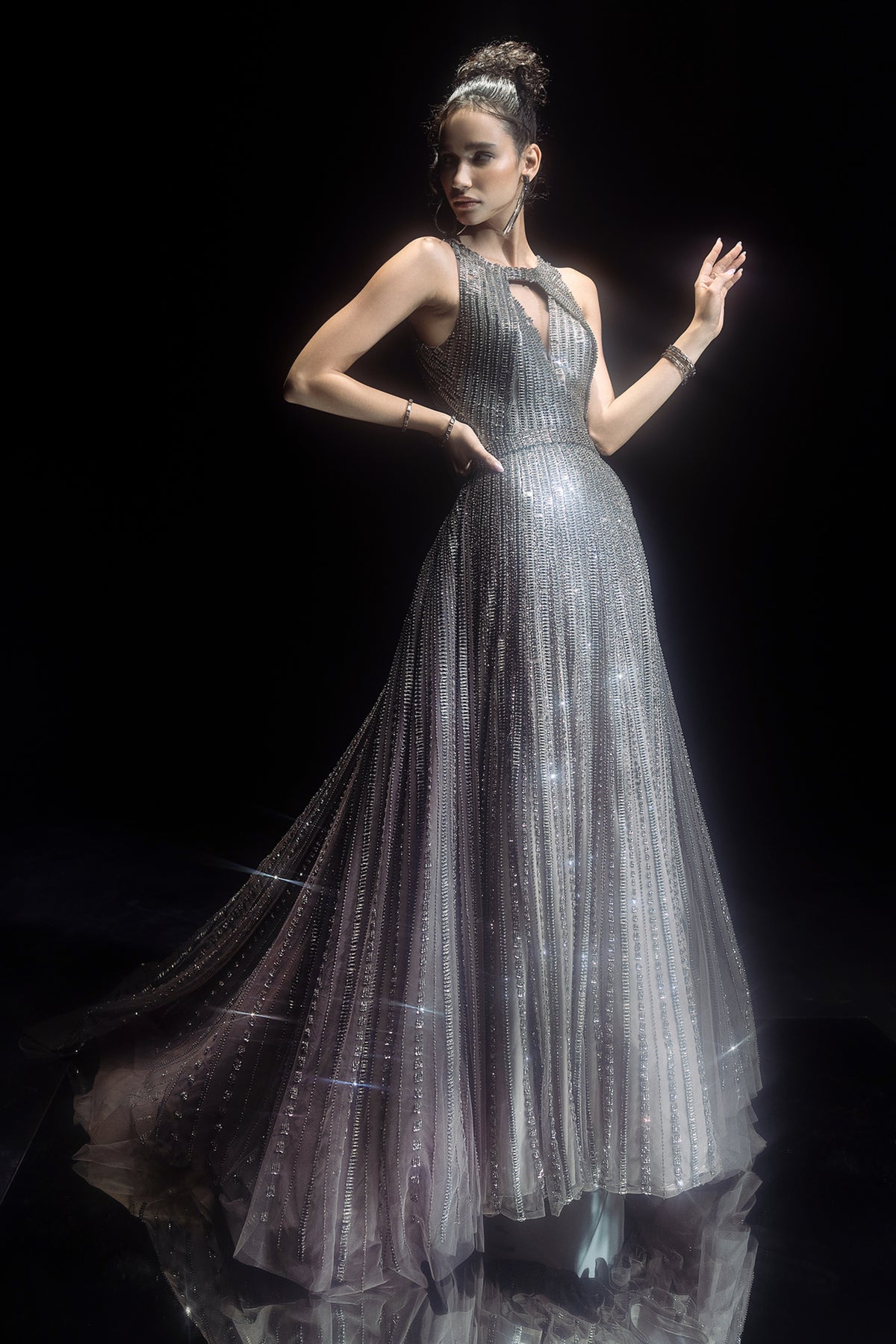 Fully Embellished crytsals And Metallic Stripes Gown