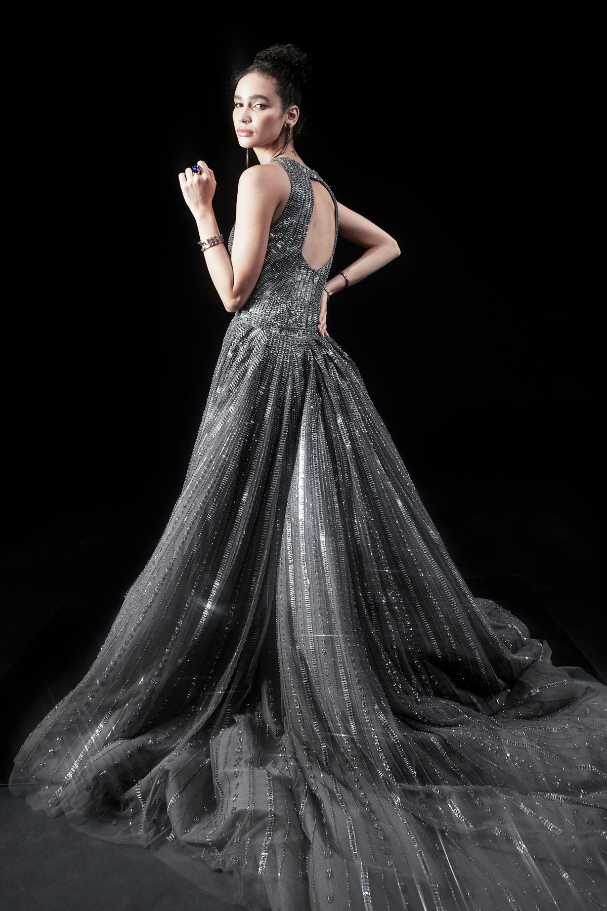 Fully Embellished crytsals And Metallic Stripes Gown