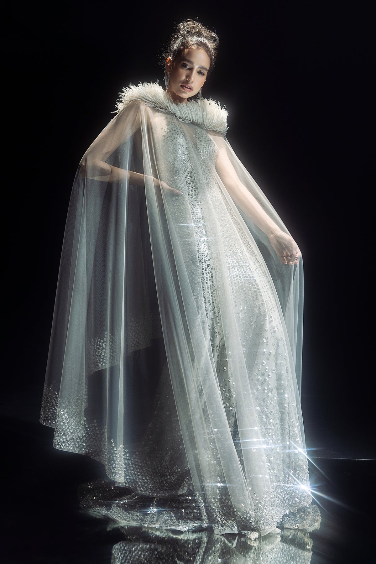 Heavily Embellished Fish Cut Gown With Cape