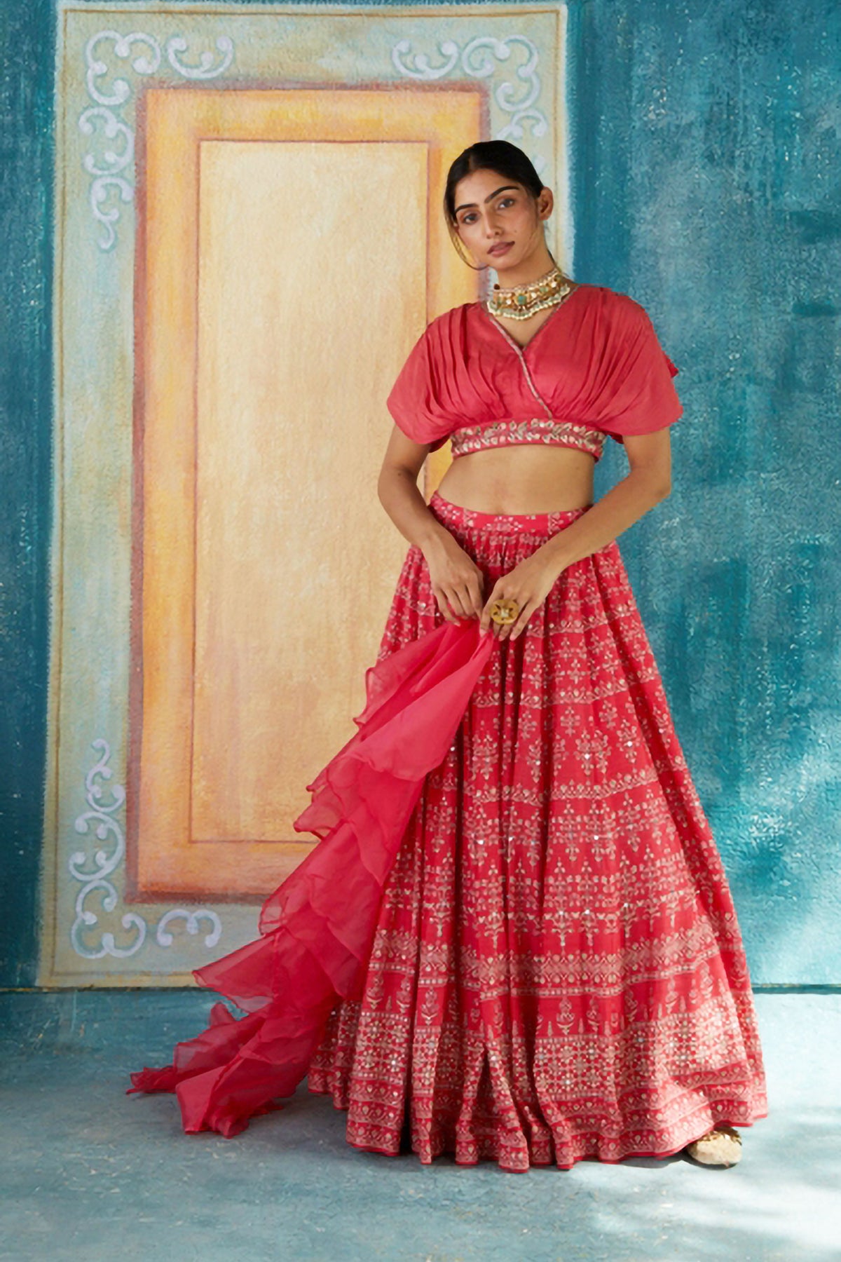 Red printed lehenga set