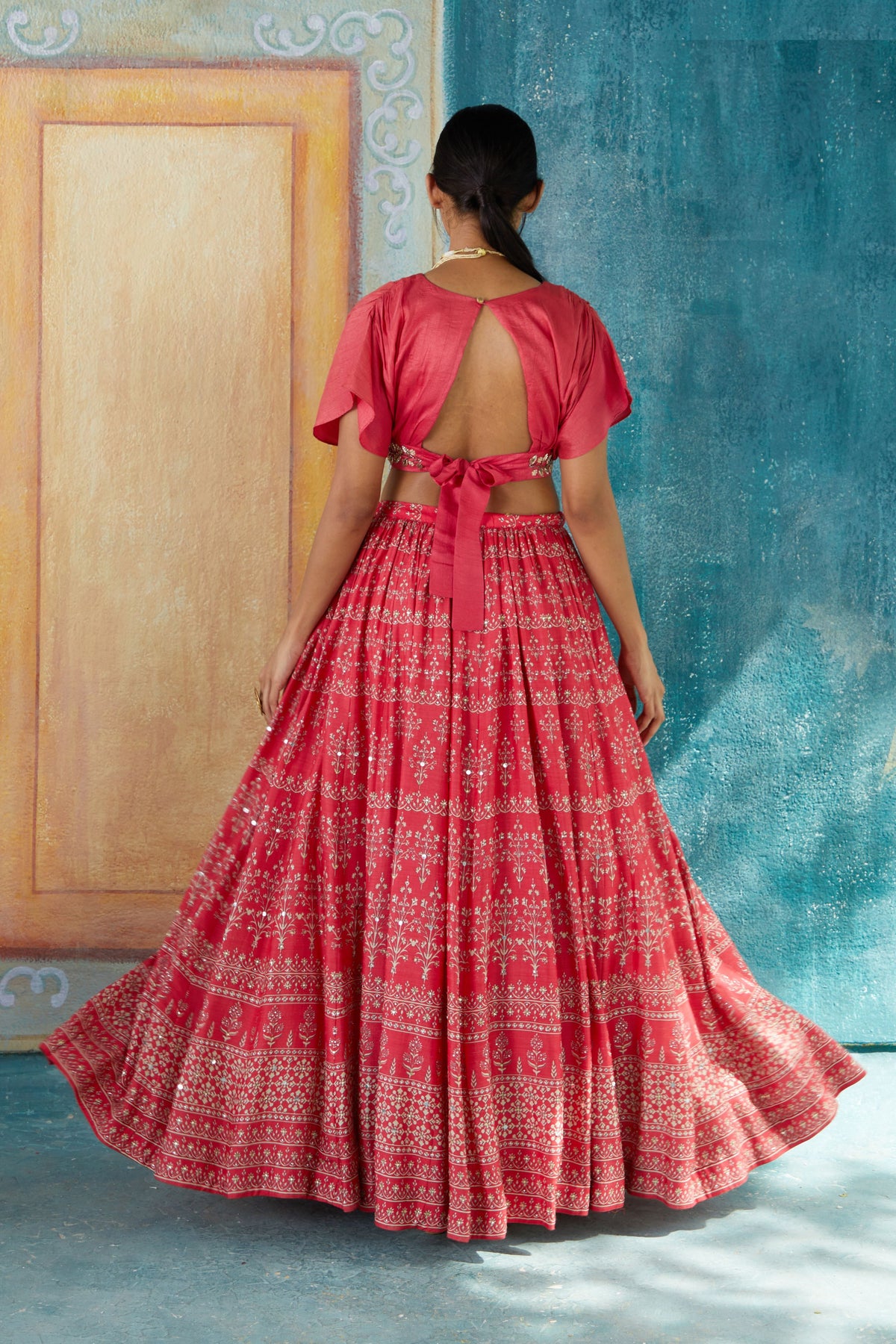Red printed lehenga set