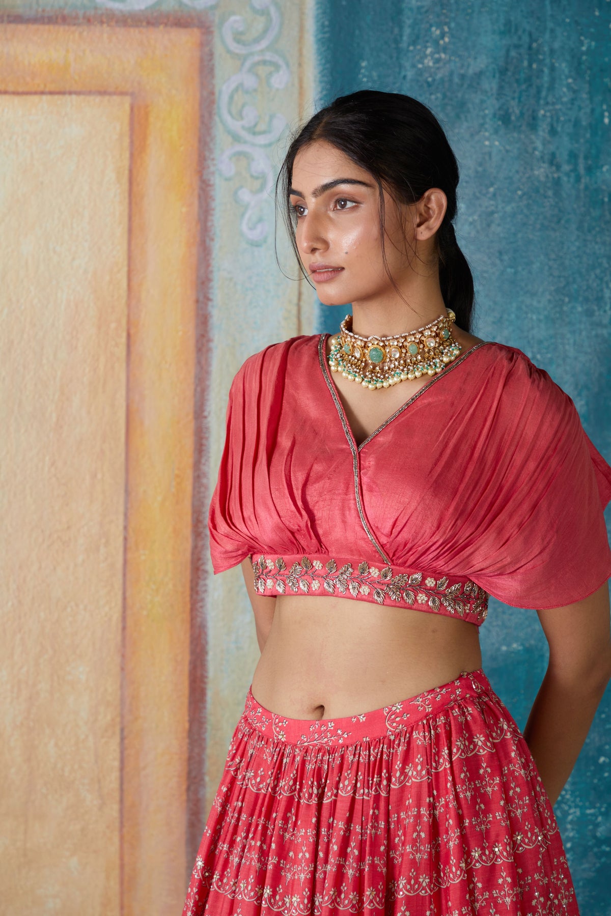 Red printed lehenga set